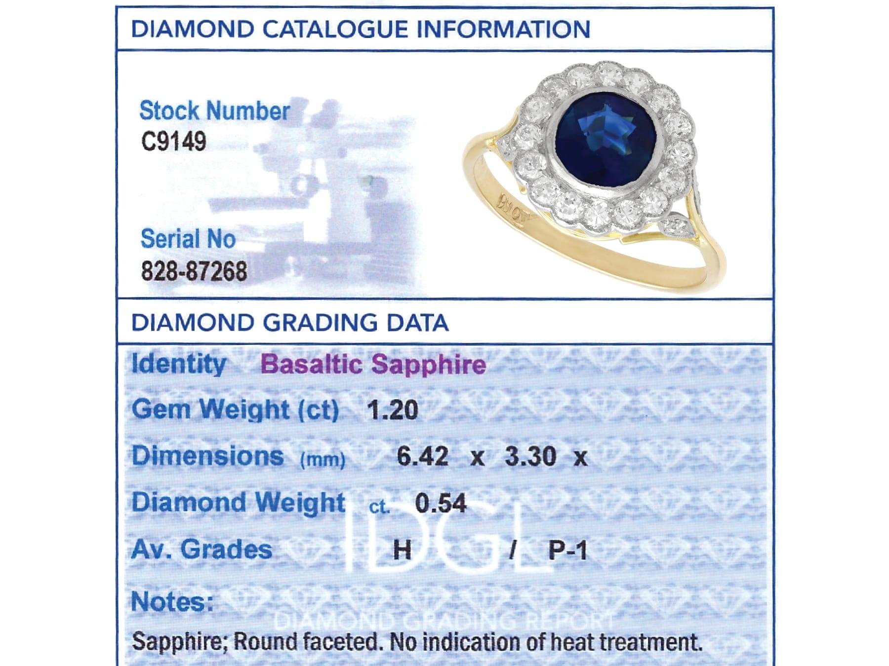 1.20 Carat Basaltic Sapphire 0.54 Carat Diamond, 18k Yellow Gold Ring Circa 1935 For Sale 4