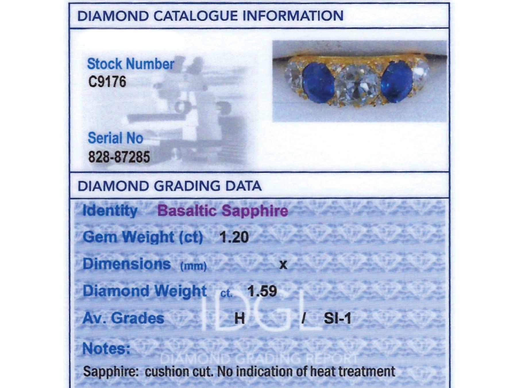 1.20 Carat Basaltic Sapphire 1.59 Carat Diamond, 18k Yellow Gold Five Stone Ring For Sale 6