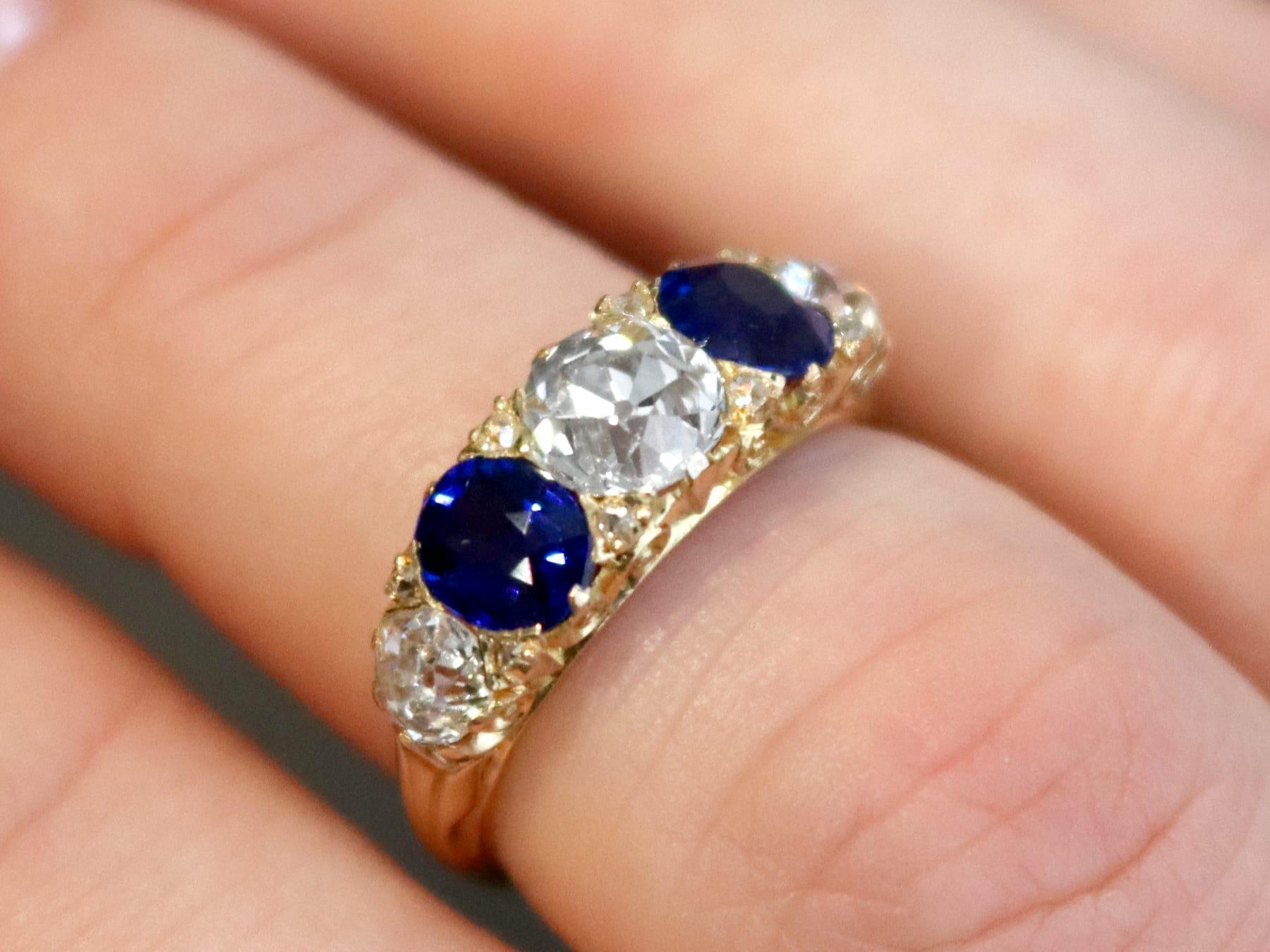 Cushion Cut 1.20 Carat Basaltic Sapphire 1.59 Carat Diamond, 18k Yellow Gold Five Stone Ring For Sale