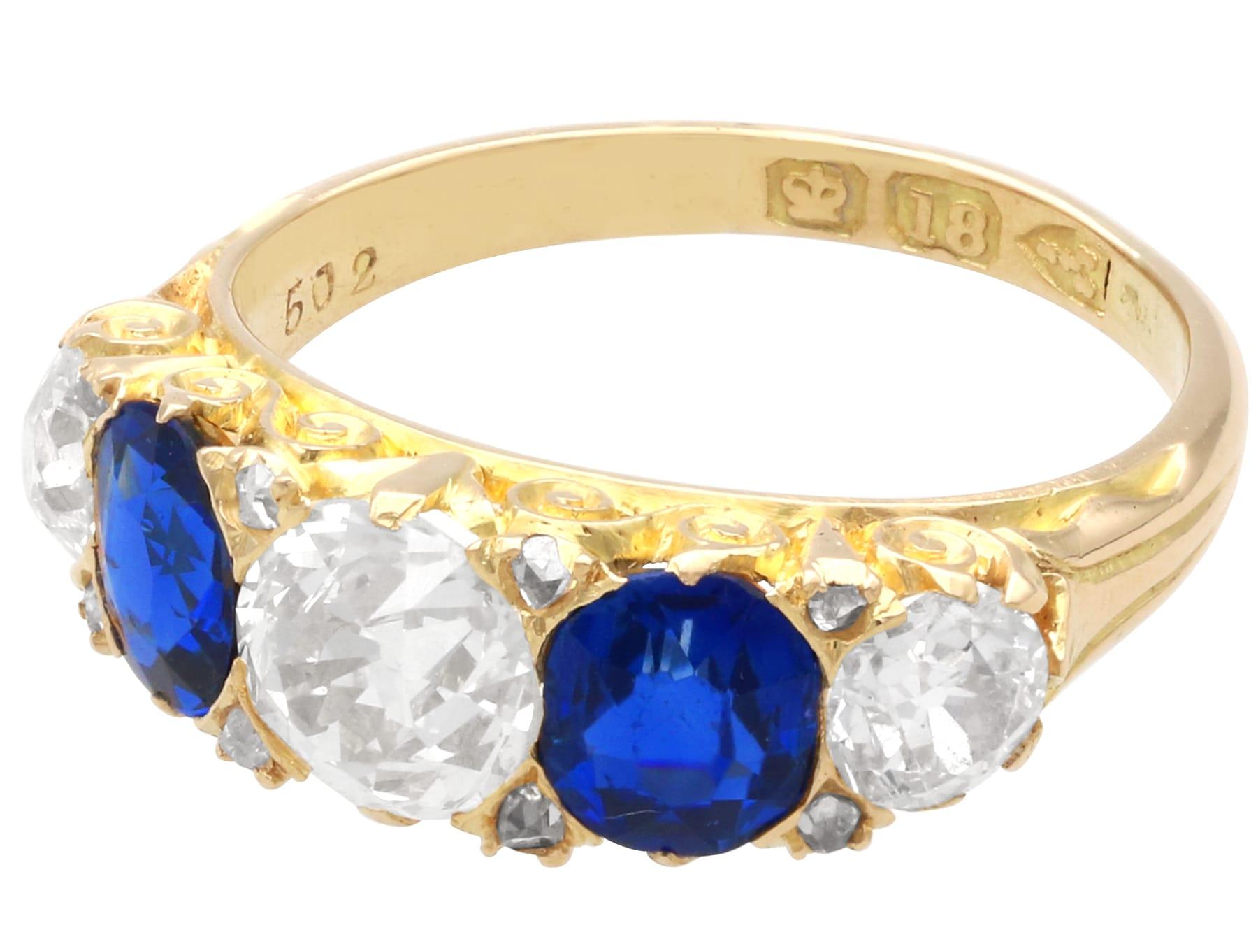 Women's or Men's 1.20 Carat Basaltic Sapphire 1.59 Carat Diamond, 18k Yellow Gold Five Stone Ring For Sale