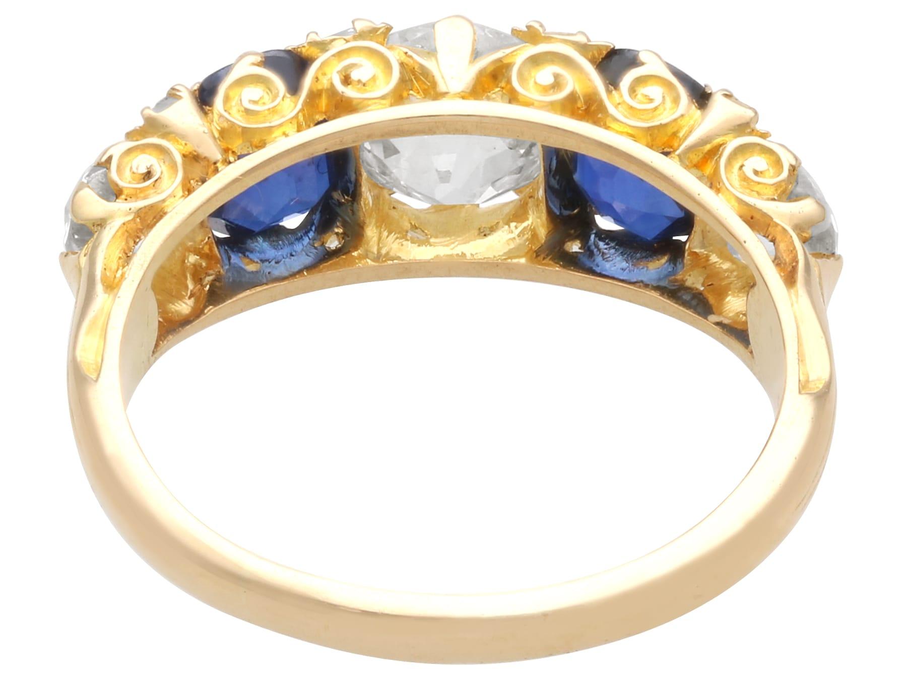 1.20 Carat Basaltic Sapphire 1.59 Carat Diamond, 18k Yellow Gold Five Stone Ring For Sale 1