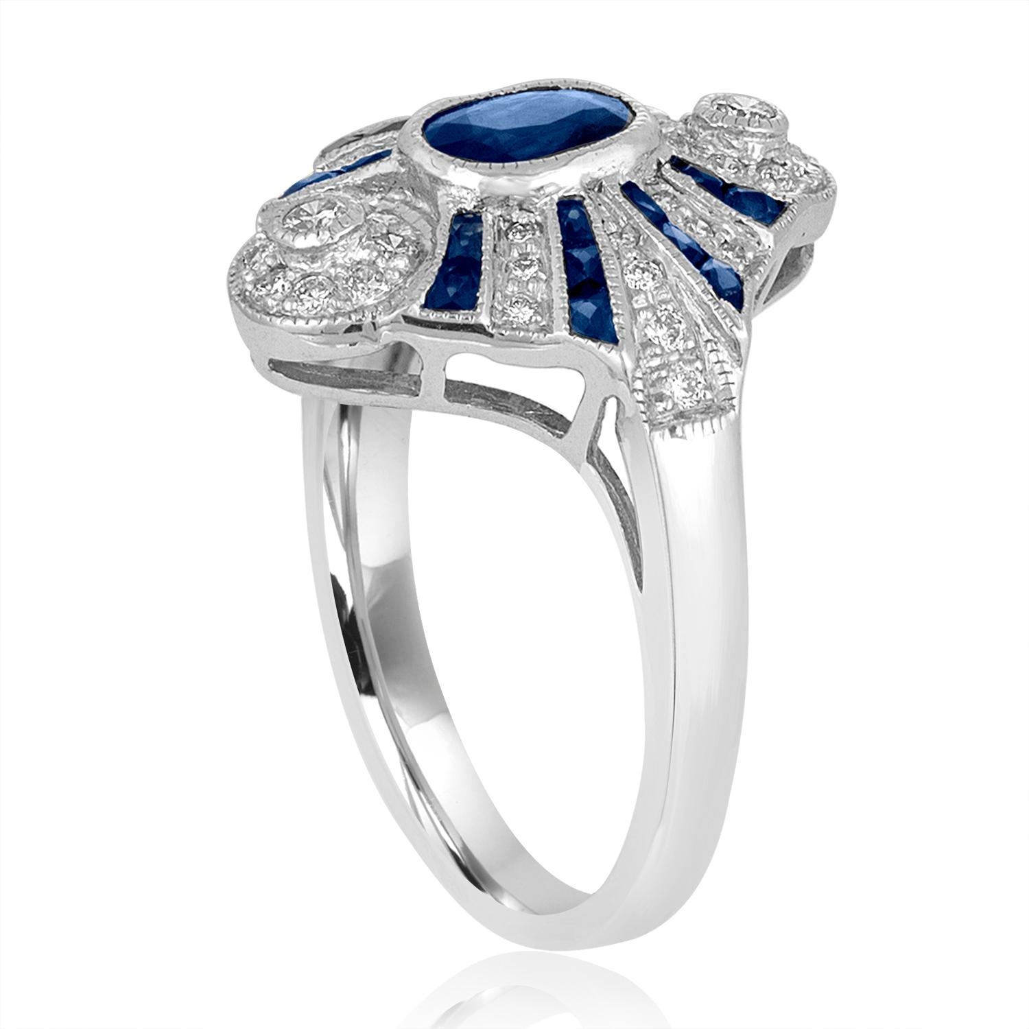 Ring im Art Deco Revival Stil
Der Ring ist aus 18K Weißgold
Es sind 0,50 Karat in Diamanten H SI
Es gibt 0,70 Karat in blauen Saphiren
Der Ring ist eine Größe 6,75, sizable
Der Ring wiegt 6.4 Gramm