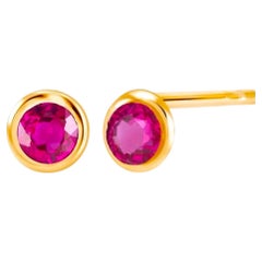 1.20 Carat Burma Ruby Bezel Set 14K Yellow Gold Stud Earrings 0.26" Width