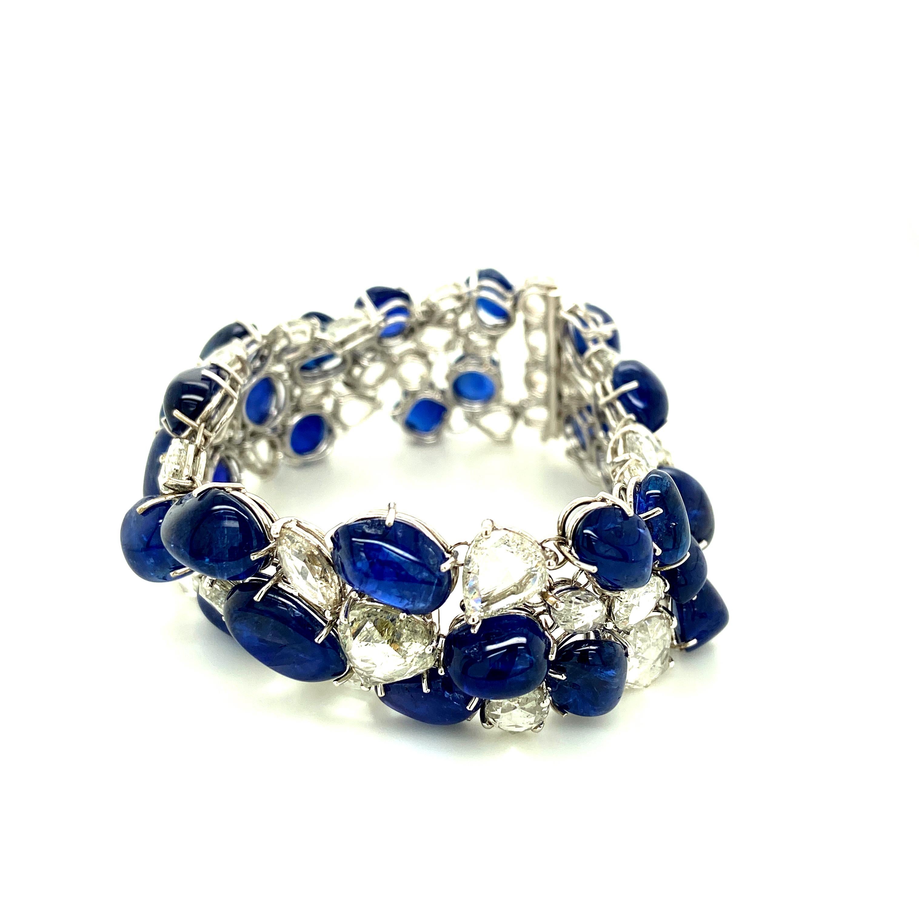 120 Carat No Heat Vivid Blue Sapphire Cabochons And Rose Cut Diamond Bracelet:

An extremely beautiful and rare jewel, it features a staggering 120.62 carat of unheated sapphire cabochons along with 35.16 carat of white rose cut diamonds. The