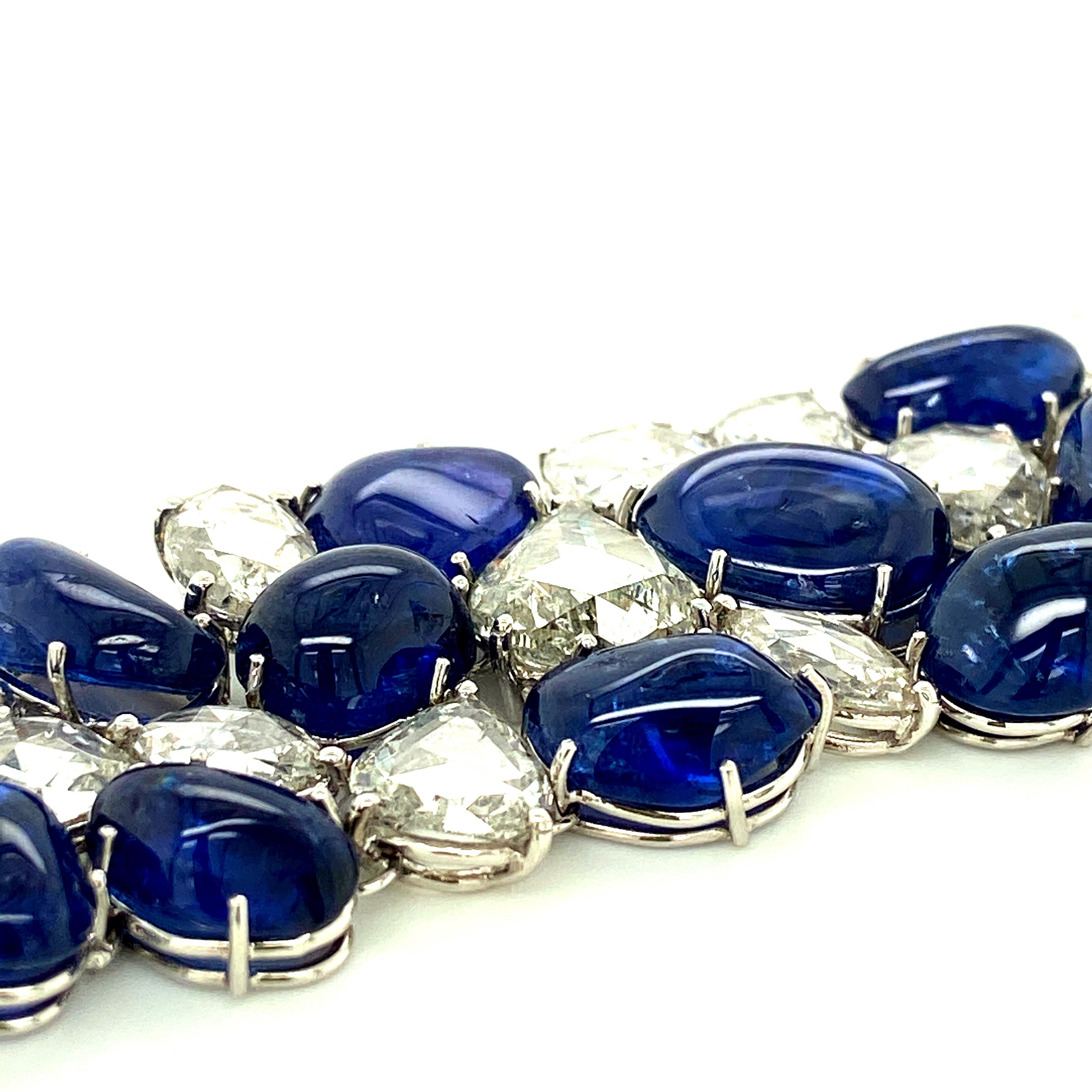 Contemporary 120 Carat No Heat Vivid Blue Sapphire Cabochons and Rose Cut Diamond Bracelet