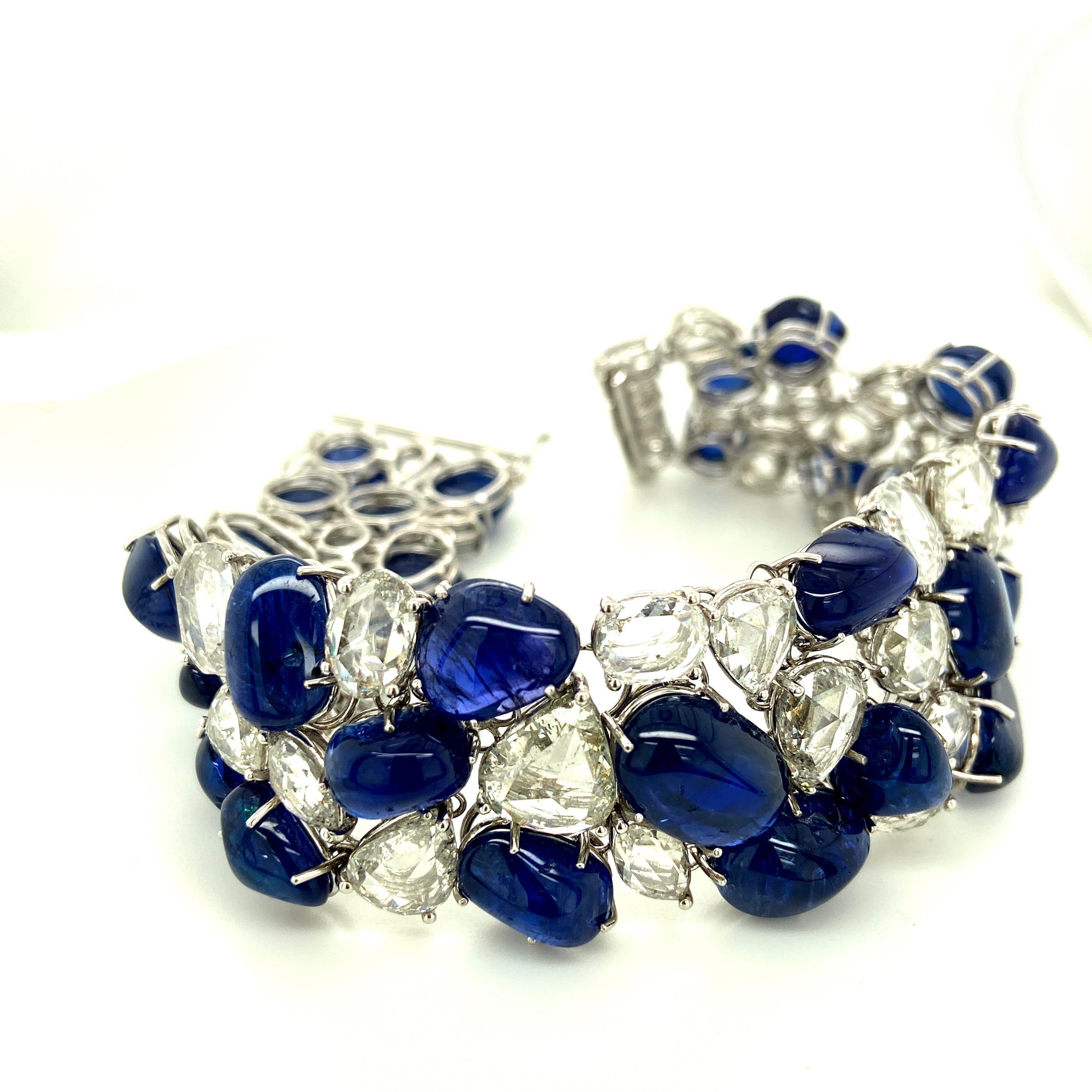 120 Carat No Heat Vivid Blue Sapphire Cabochons and Rose Cut Diamond Bracelet In New Condition In Hong Kong, HK