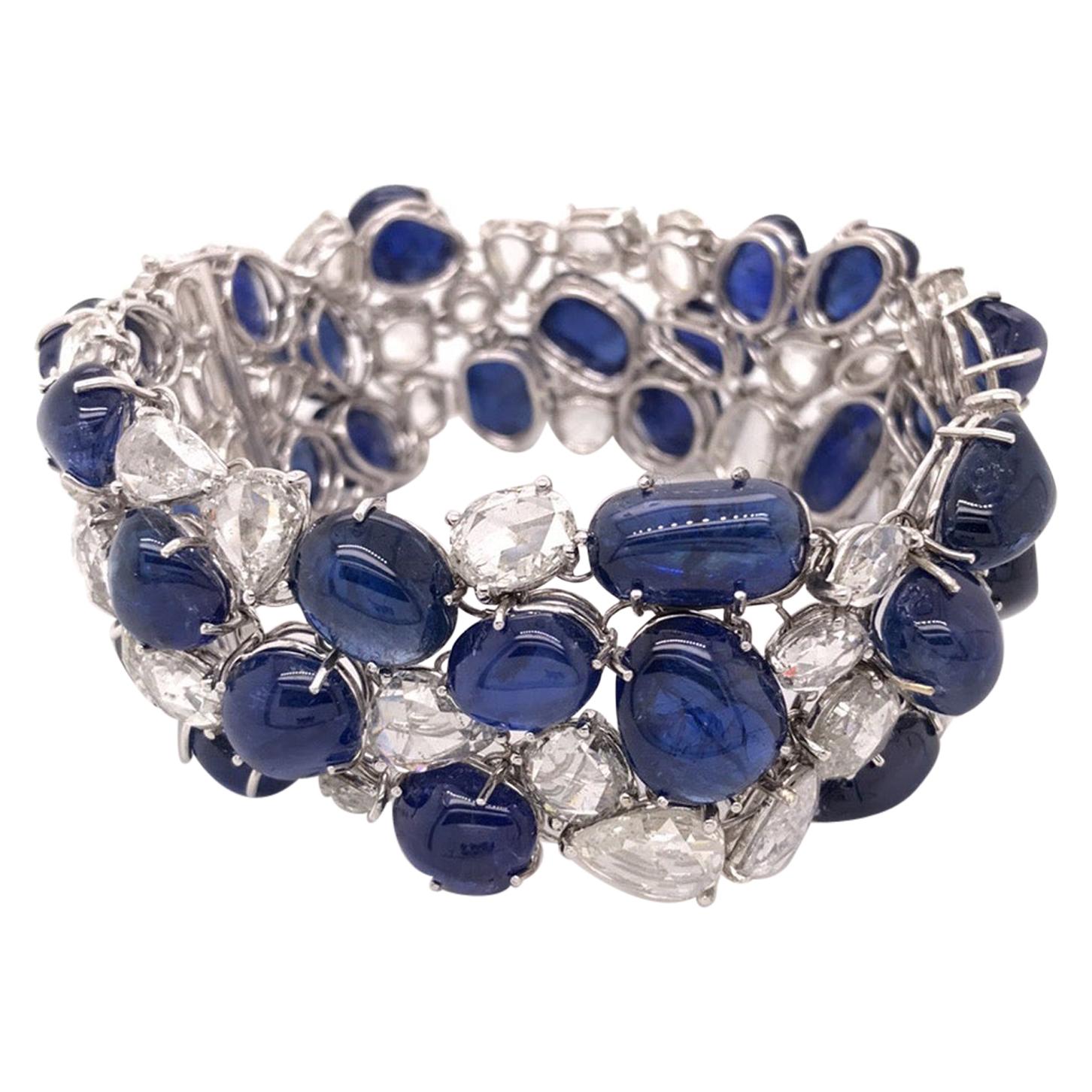 120 Carat No Heat Vivid Blue Sapphire Cabochons and Rose Cut Diamond Bracelet