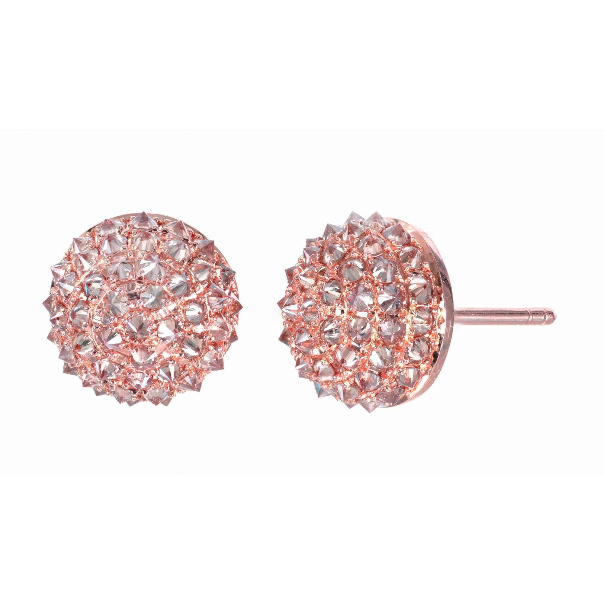 Domed round nature champagne diamond earrings with 98 bead set diamonds set bottom side up for a unique clustered look. 

98 round brilliant cut champagne diamonds, SI approx. 1.20cts
18k rose gold 
Stamped: 750
4.2 grams
Top to bottom: 10mm or 7/16