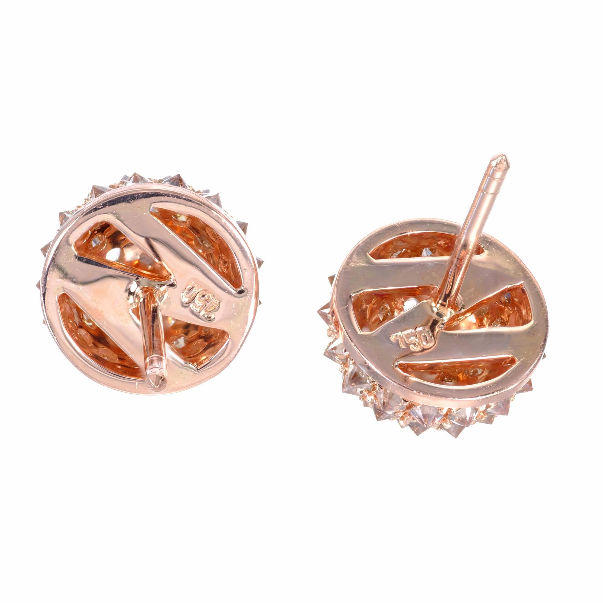 Round Cut 1.20 Carat Champagne Diamond Rose Gold Cluster Earrings