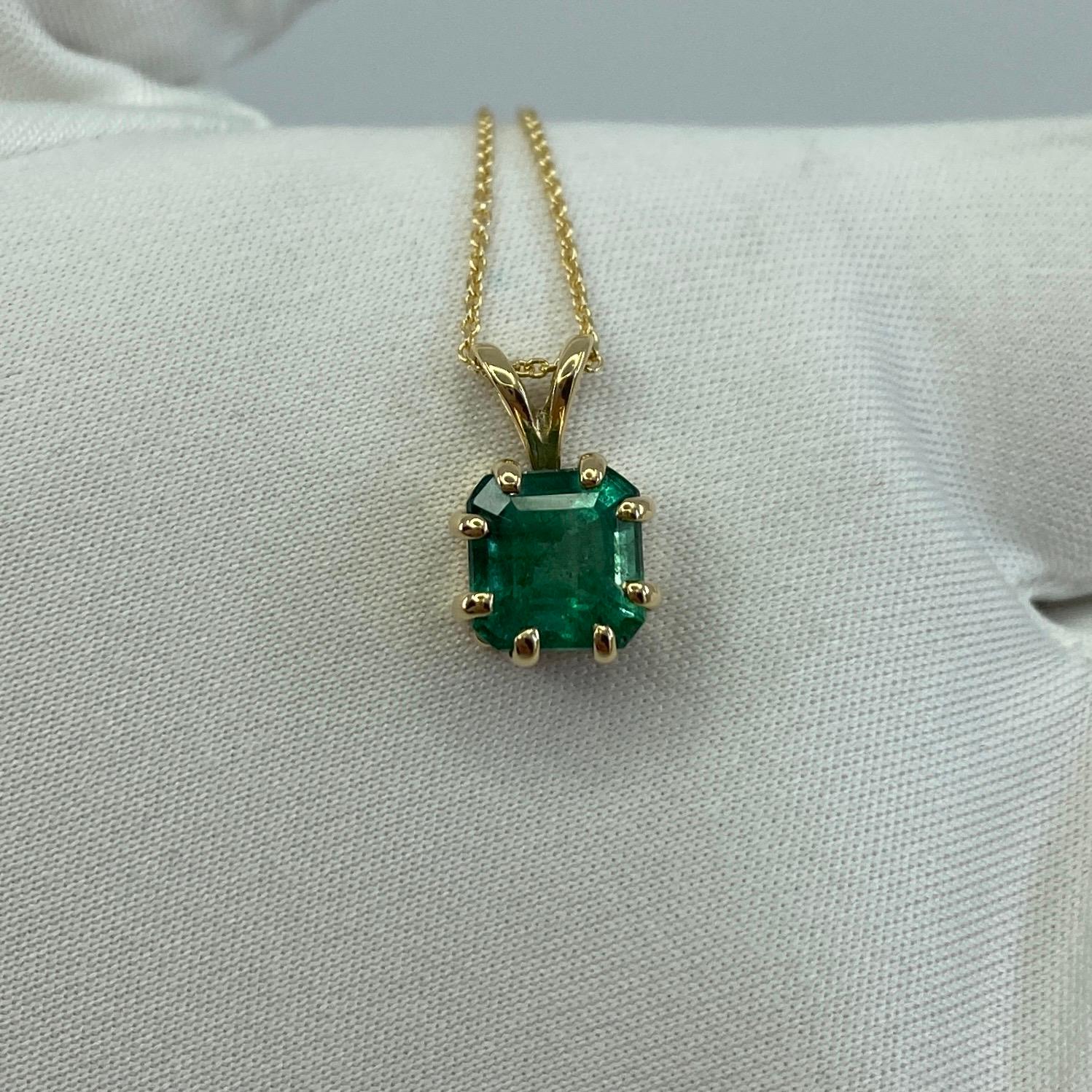 Deep Green Emerald 14k Yellow Gold Pendant Necklace.

1.20 Carat emerald with a fine deep green colour and good clarity.  Some small natural inclusions visible (as expected with emeralds) but still a clean stone. 

Also has an excellent square