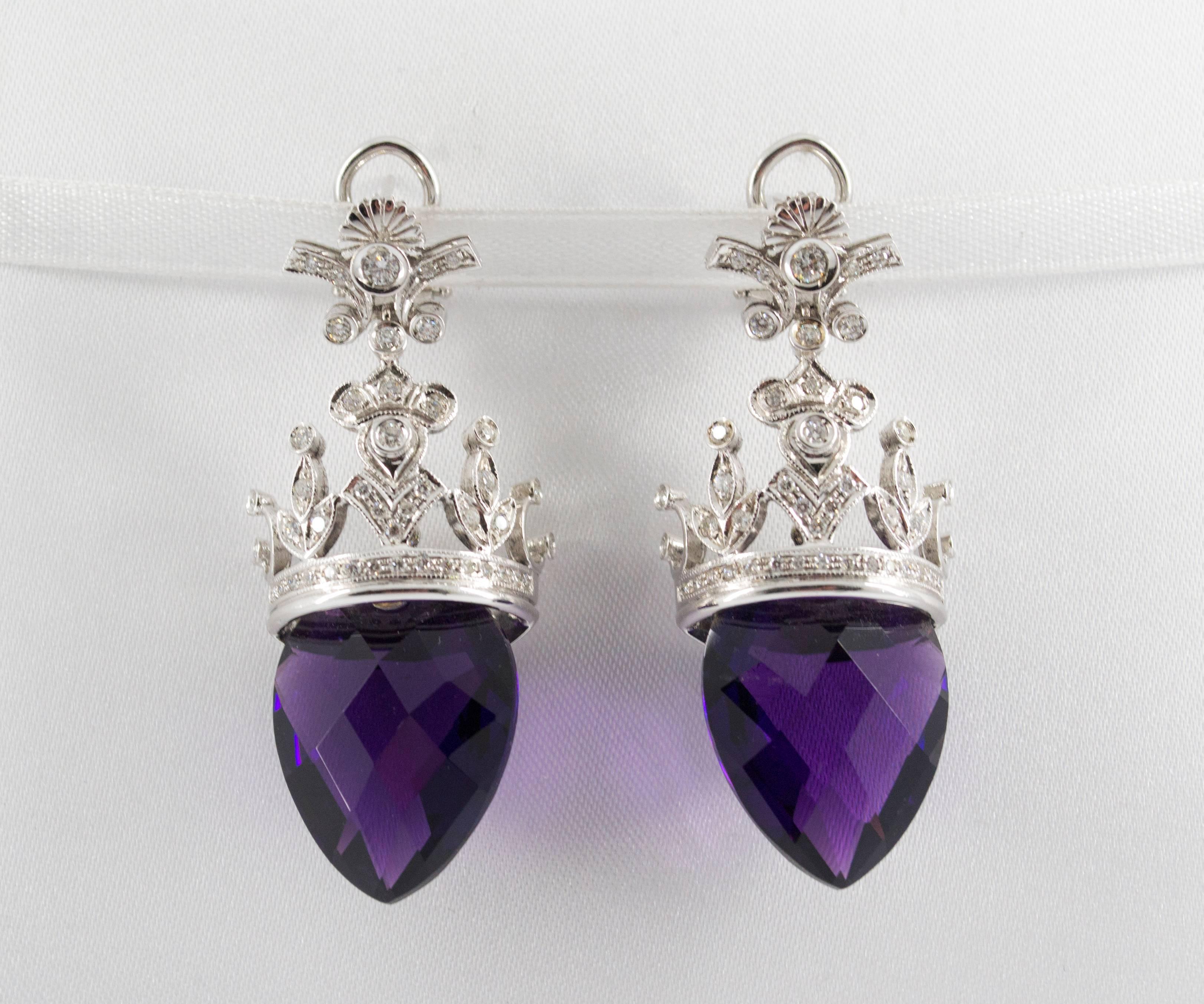 This Earrings are made of 18K White Gold.
This Earrings have two big Amethysts.
This Earrings have 1.20 Carats of White Diamonds.
All our Earrings have pins for pierced ears but we can change the closure and make any of our Earrings suitable even
