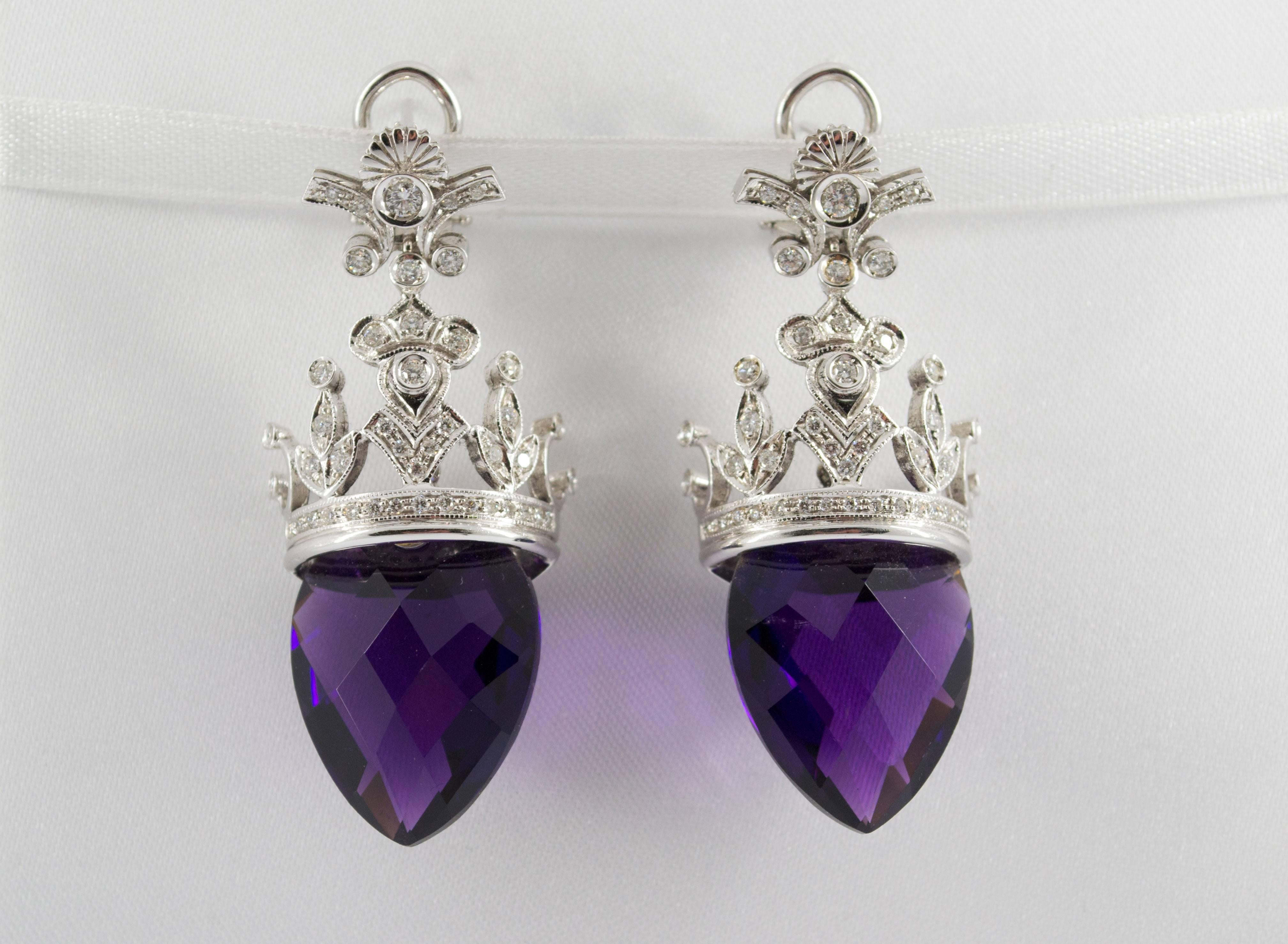 Renaissance Style 1.20 Carat White Diamond Amethyst White Gold Clip-On Earrings In New Condition In Naples, IT