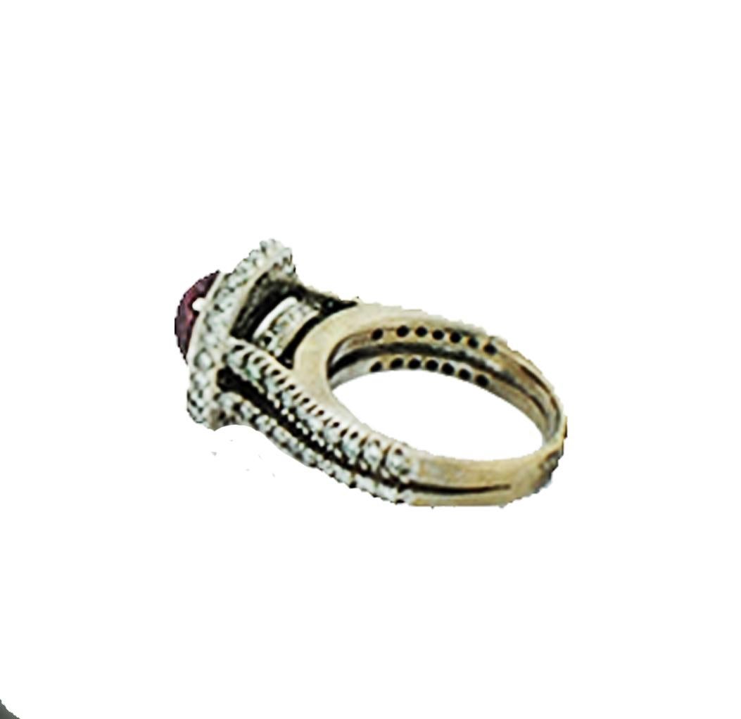 Cabochon 1.20 Carat Diamond and 3.50 Ruby Halo Ring 14 Karat White Gold, Spark Reflection For Sale