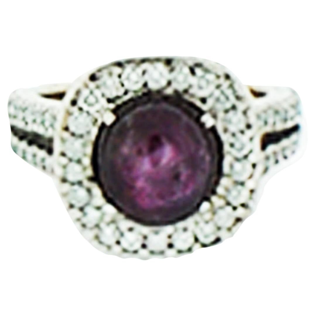 1.20 Carat Diamond and 3.50 Ruby Halo Ring 14 Karat White Gold, Spark Reflection For Sale