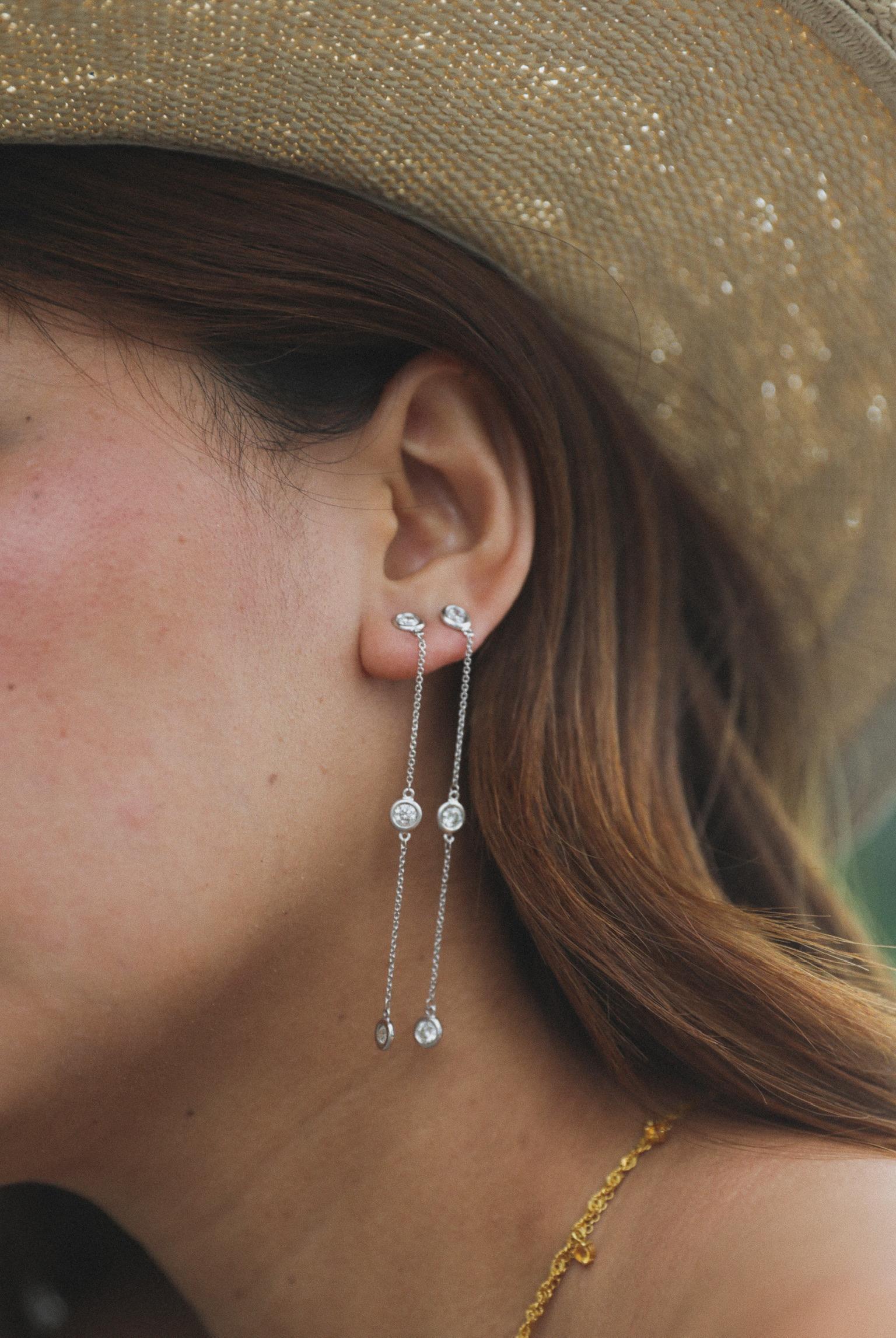 Modern 1.20 Carat Diamond Bezel Drop Chain Earring For Sale