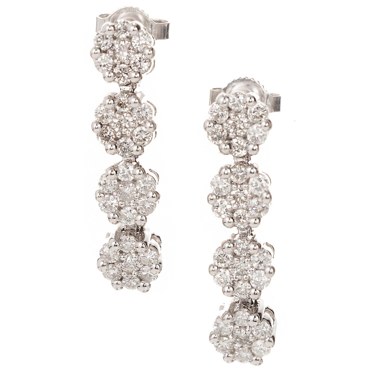1.20 Carat Diamond Cluster White Gold Drop Dangle Earrings For Sale
