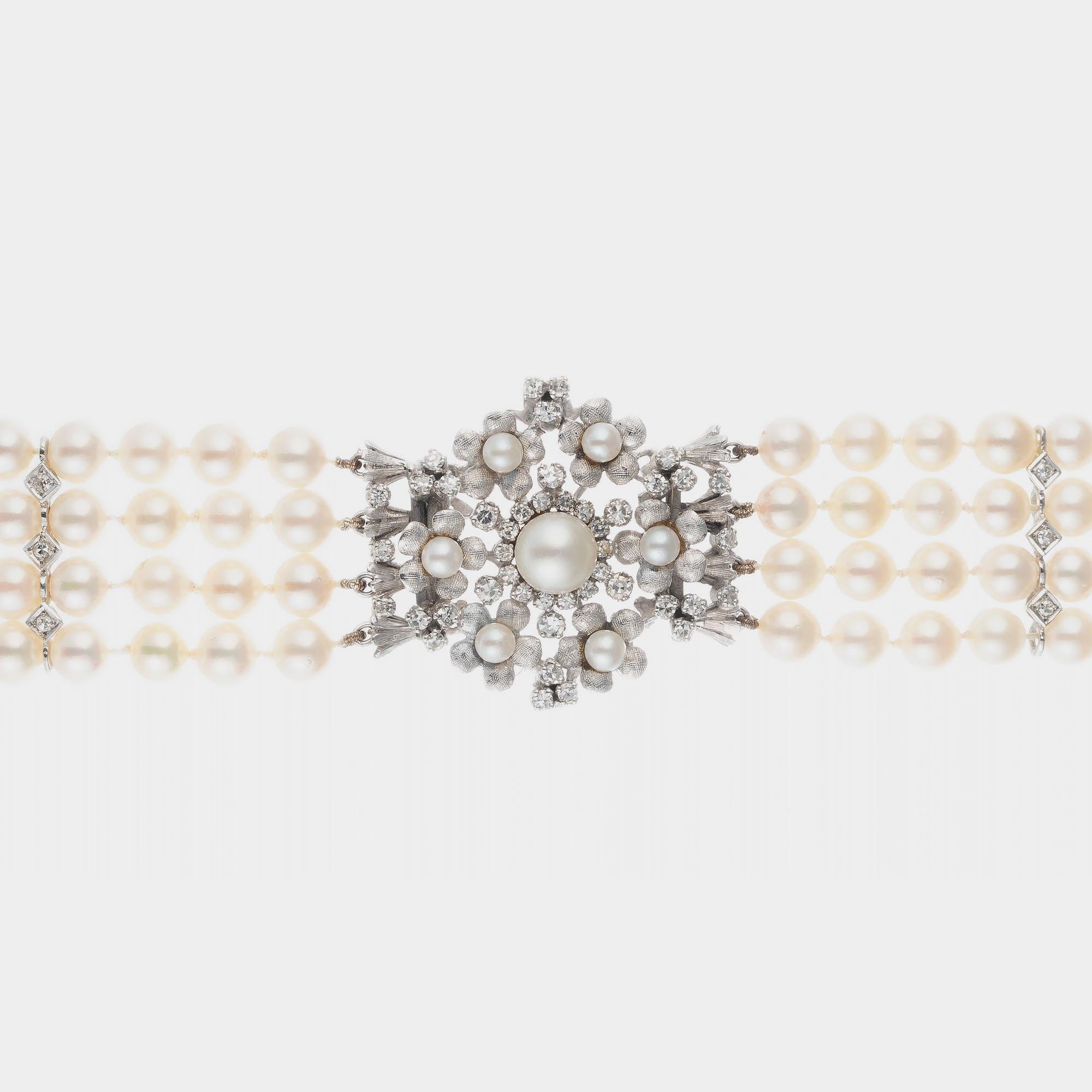 Round Cut 1.20 Carat Diamond Cultured Pearl White Gold Four Row Bracelet For Sale