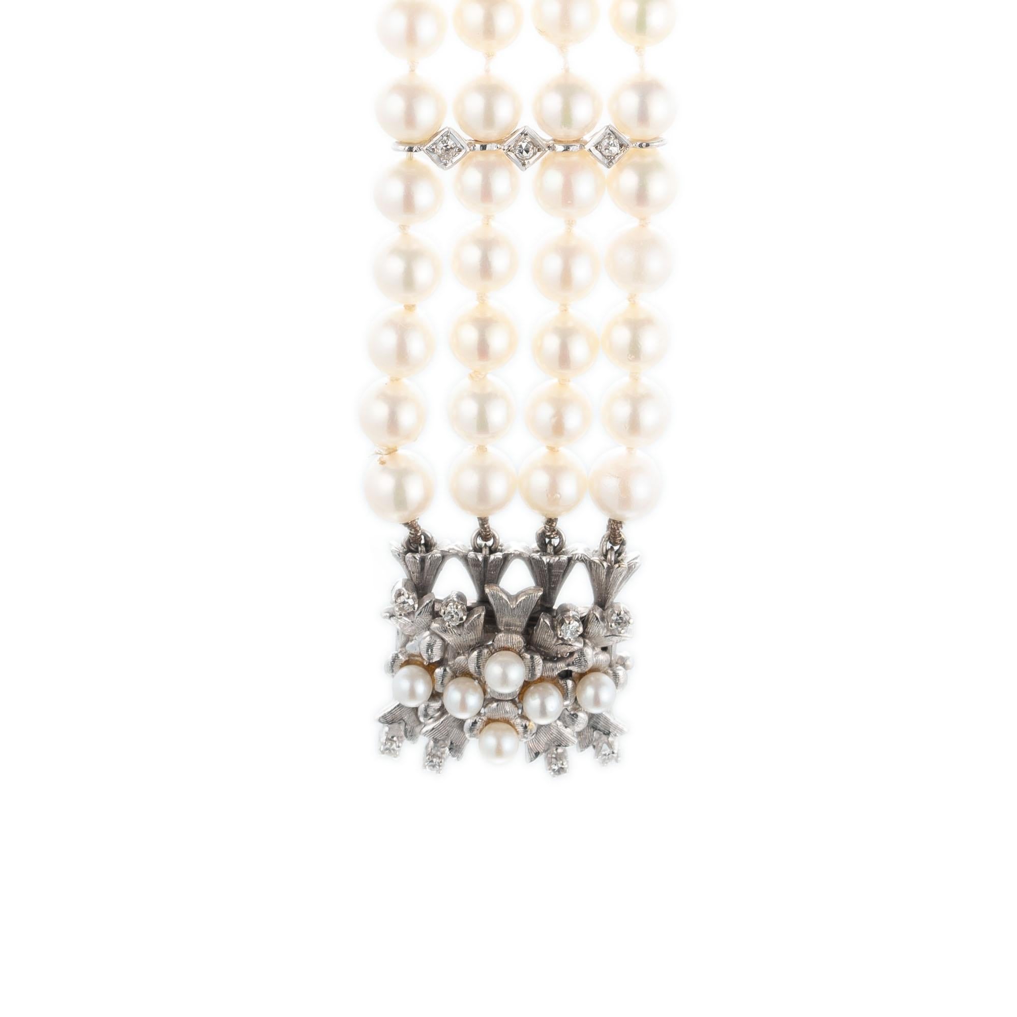 1,20 Karat Diamant-Zuchtperlen-Weißgold-Armband mit vier Reihen im Zustand „Gut“ im Angebot in Stamford, CT