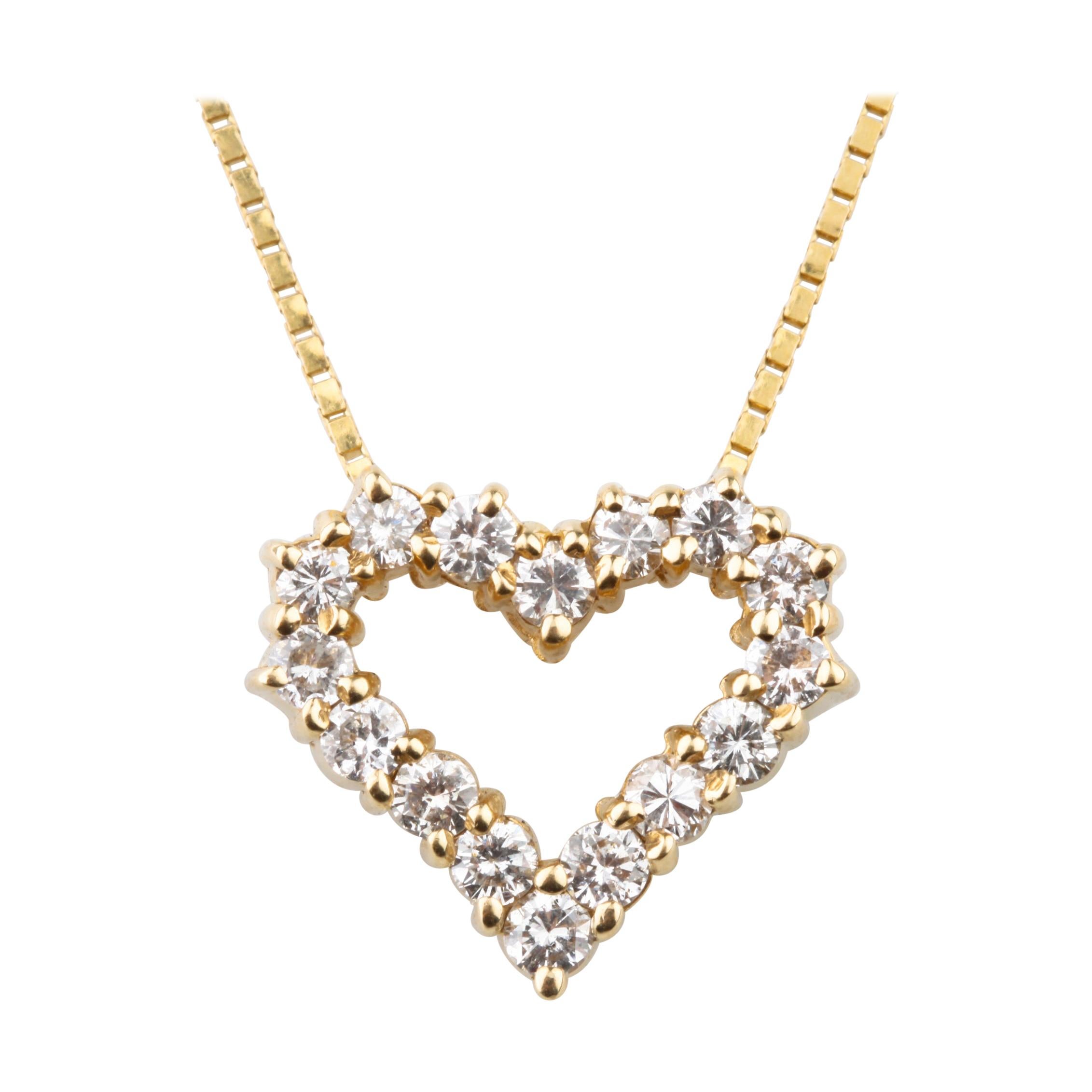 1.20 Carat Diamond Heart 14k Yellow Gold Pendant Necklace For Sale
