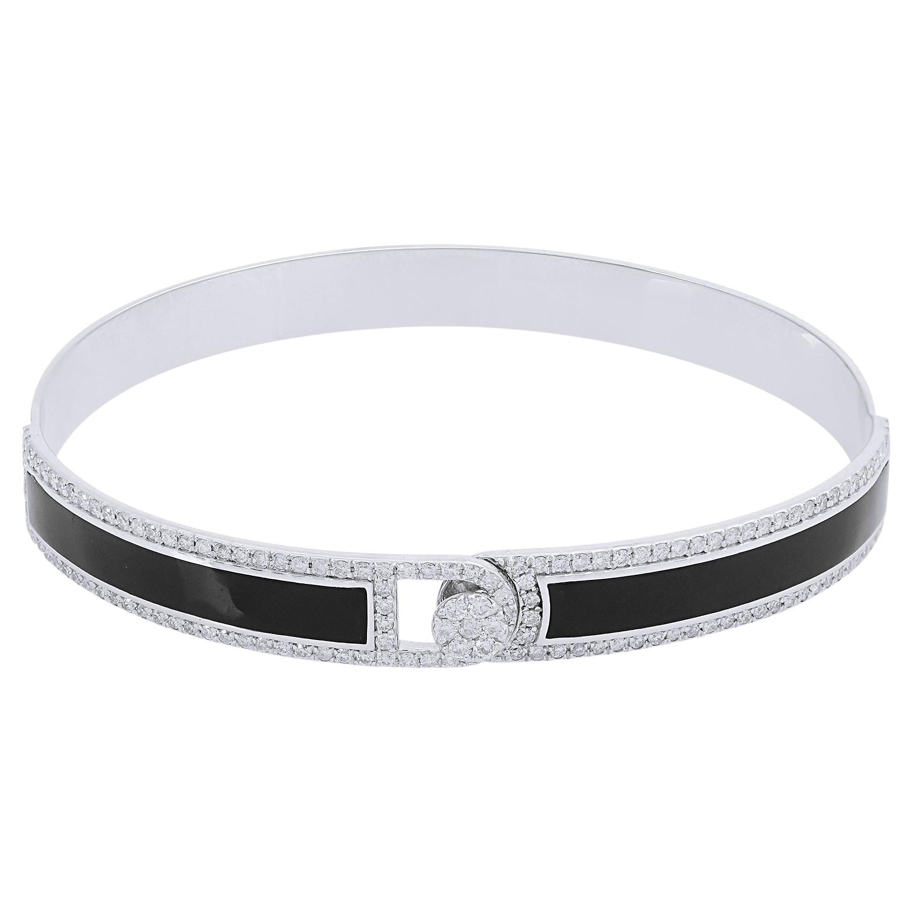 1.20 Carat Diamond Pave Black Enamel Bangle Bracelet 14k White Gold Fine Jewelry For Sale