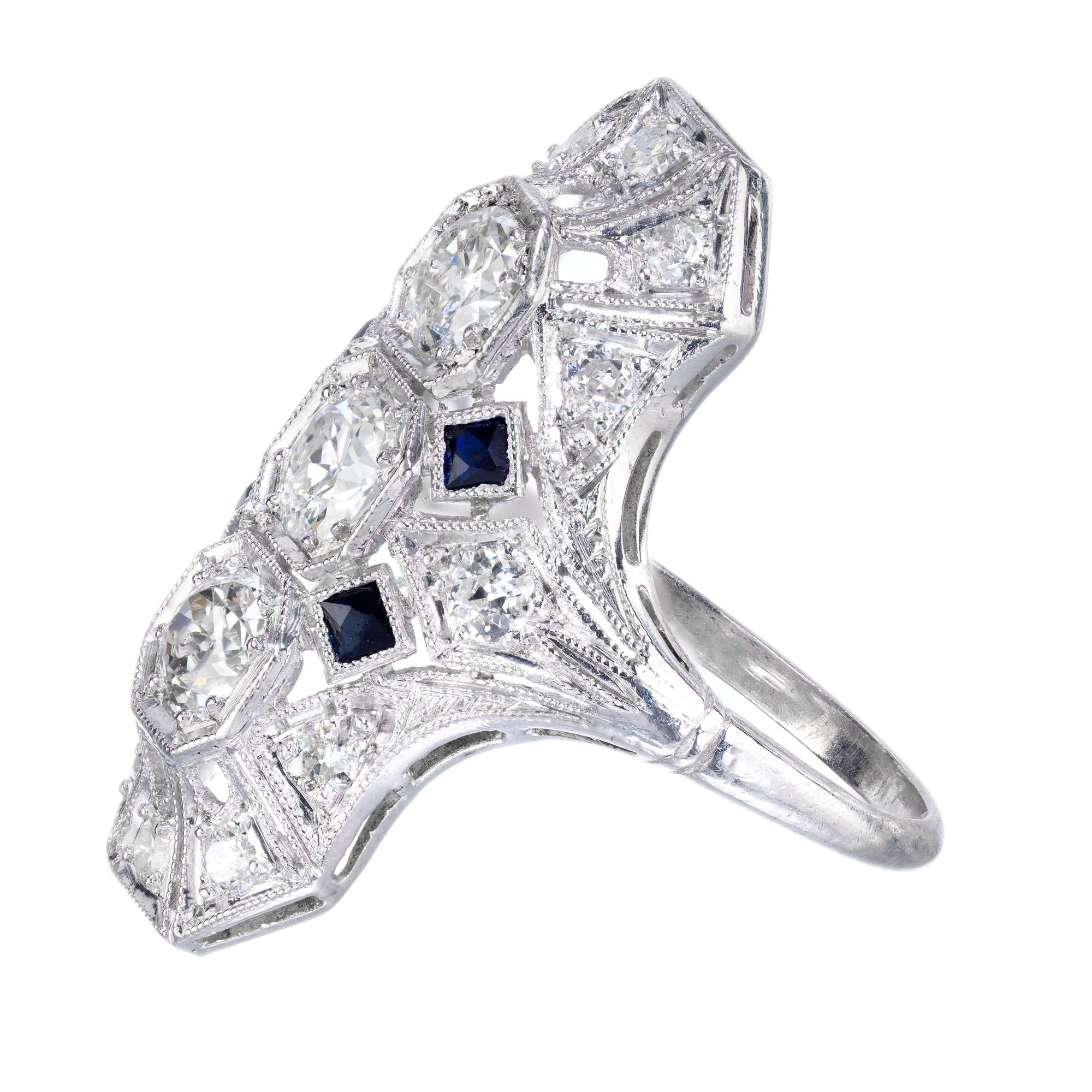 Old European Cut 1.20 Carat Diamond Sapphire Art Deco Platinum Dome Ring For Sale