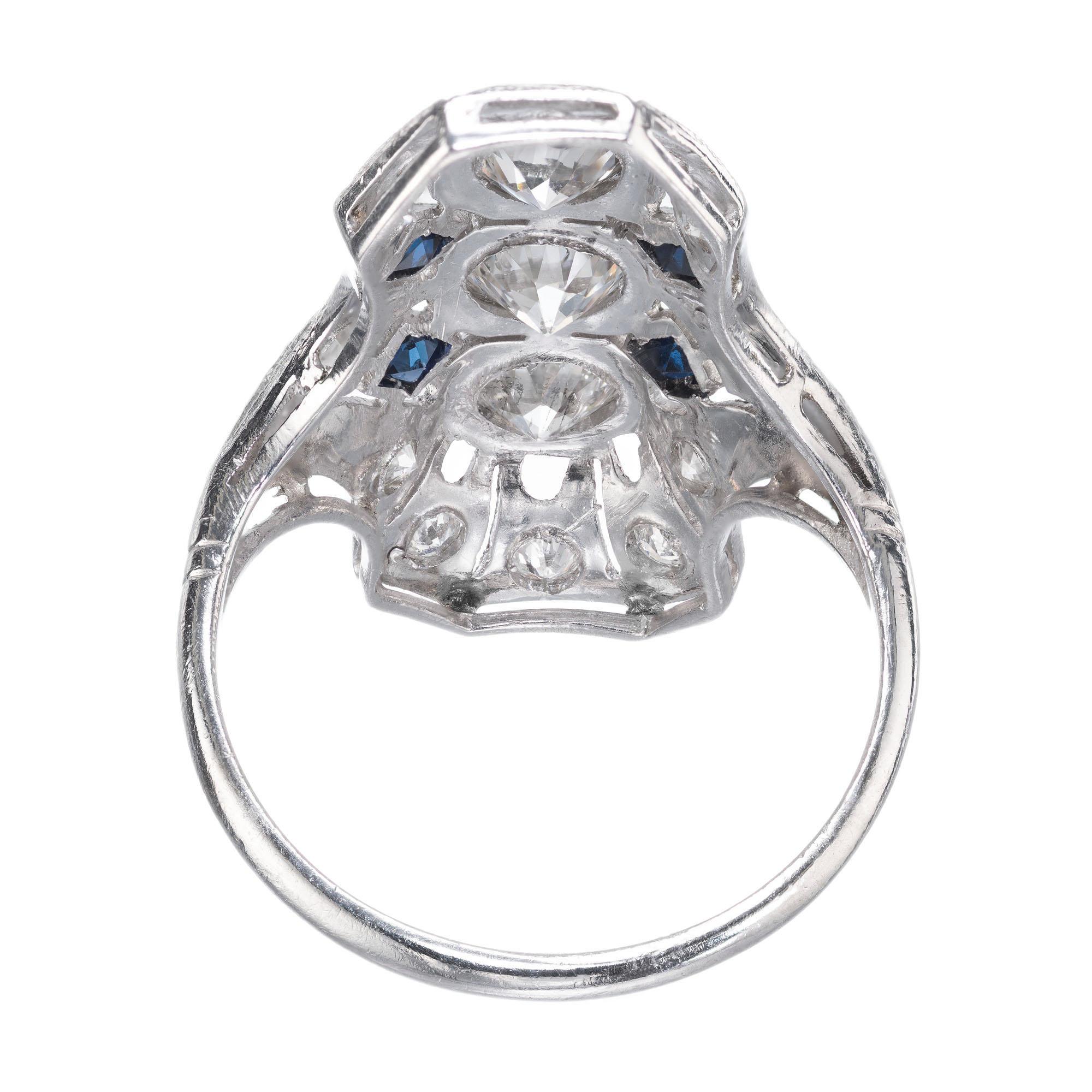 1,20 Karat Diamant Saphir Art Deco Platin Kuppelring Damen im Angebot
