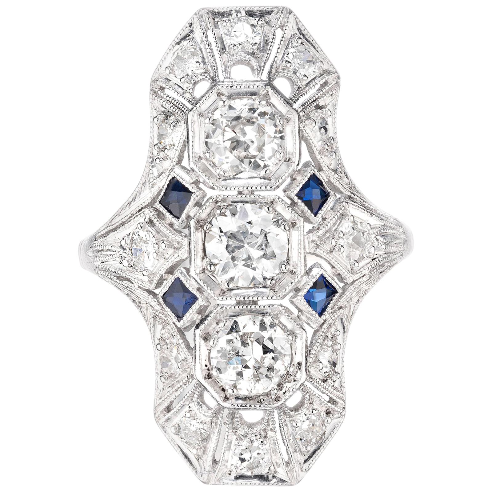 1.20 Carat Diamond Sapphire Art Deco Platinum Dome Ring For Sale