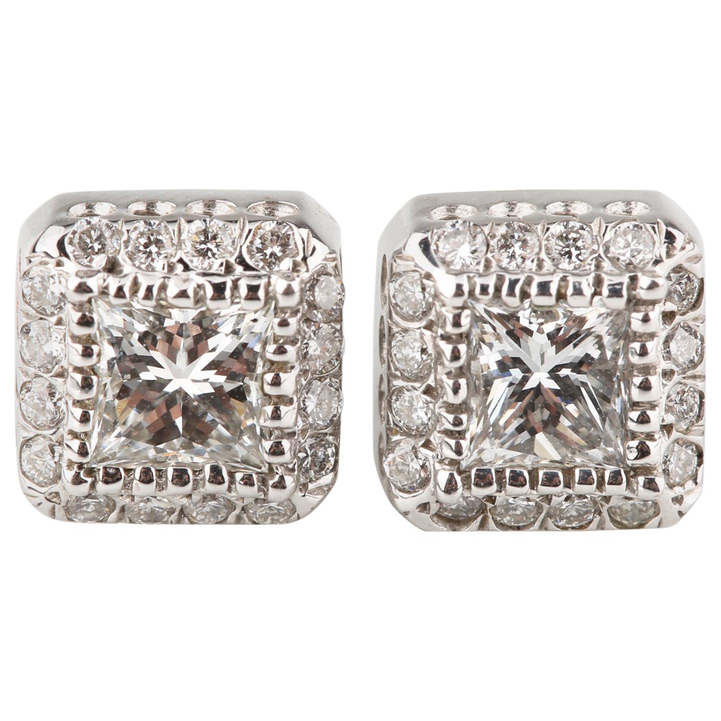1.20 Carat Diamond Solitaire Stud Earrings with Accent Stones in White Gold For Sale