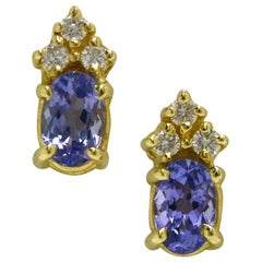 1.20 Carat Diamond Tanzanite Stud Earrings Oval 14 Karat Gold Modern Estate
