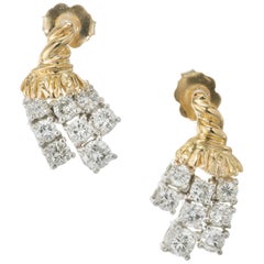 1.20 Carat Diamond Three-Row Tassel Gold Platinum Earrings