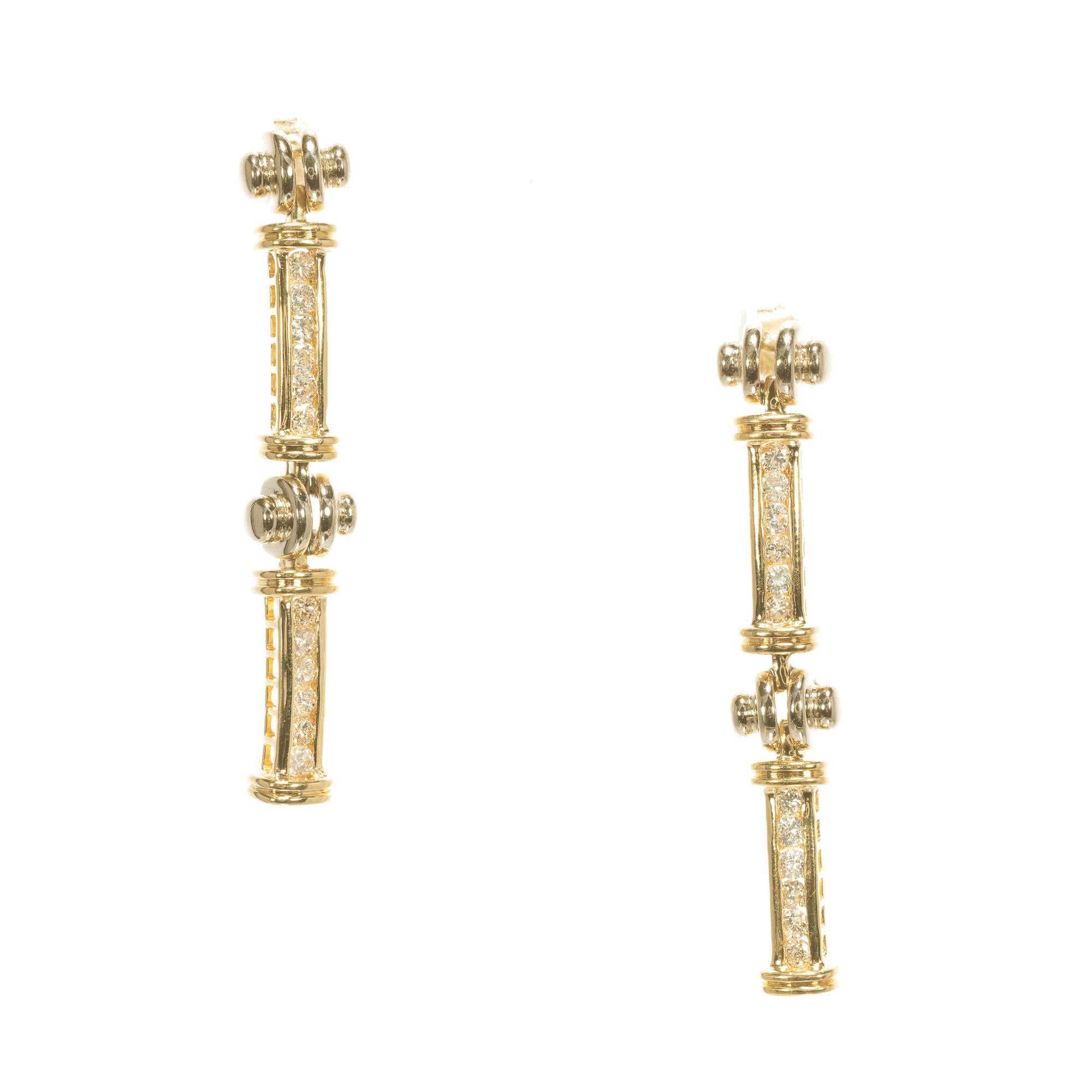 1.20 Carat Diamond Two-Tone Gold Dangle Drop Earrings