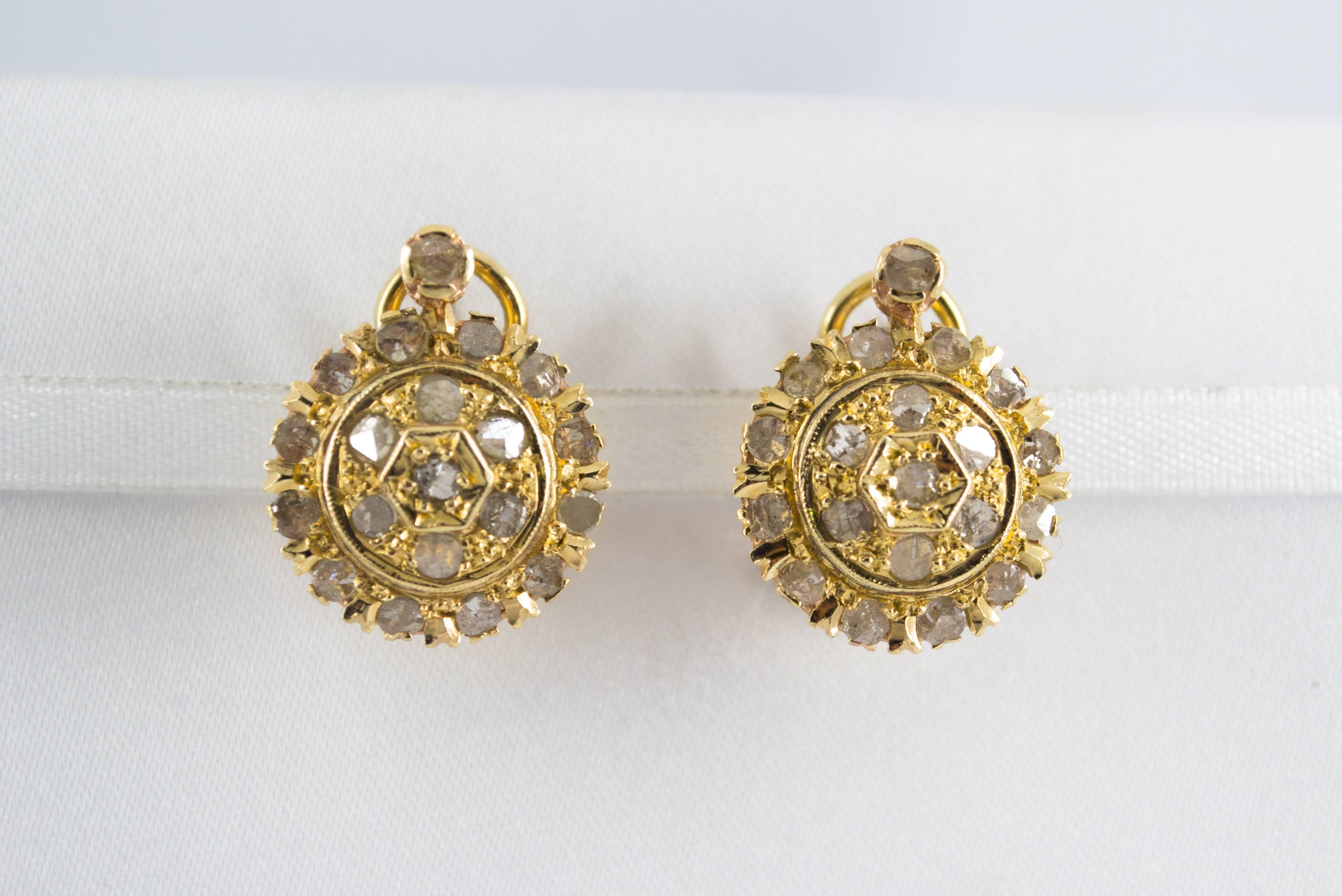 These Earrings are made of 9K Yellow Gold.
These Earrings have 1.20 Carats of White Diamonds.
All our Earrings have pins for pierced ears but we can change the closure and make any of our Earrings suitable even for non-pierced ears.
We're a workshop