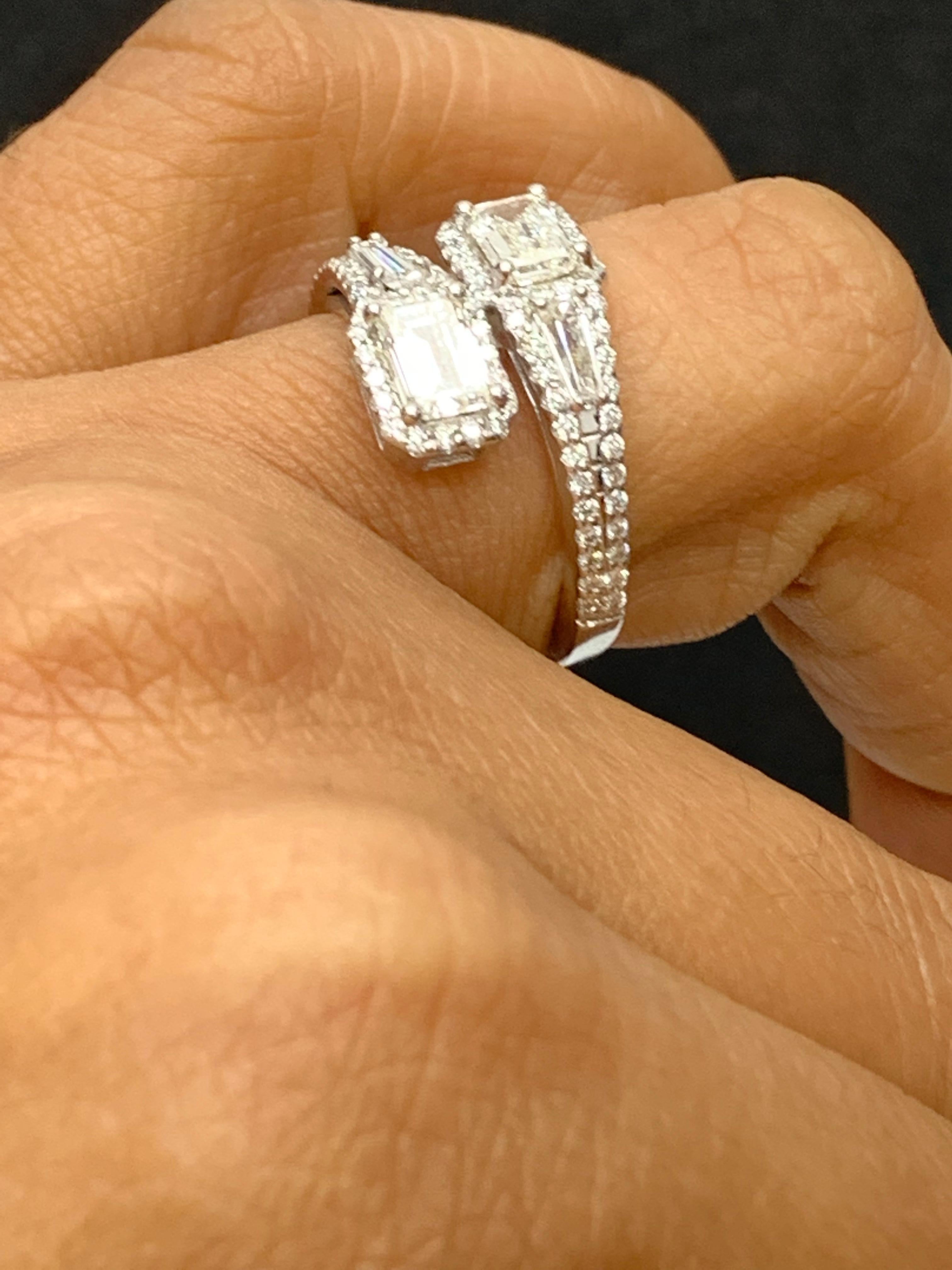 1.20 Carat Emerald Cut Diamond Toi et Moi Ring 14K White Gold For Sale 1
