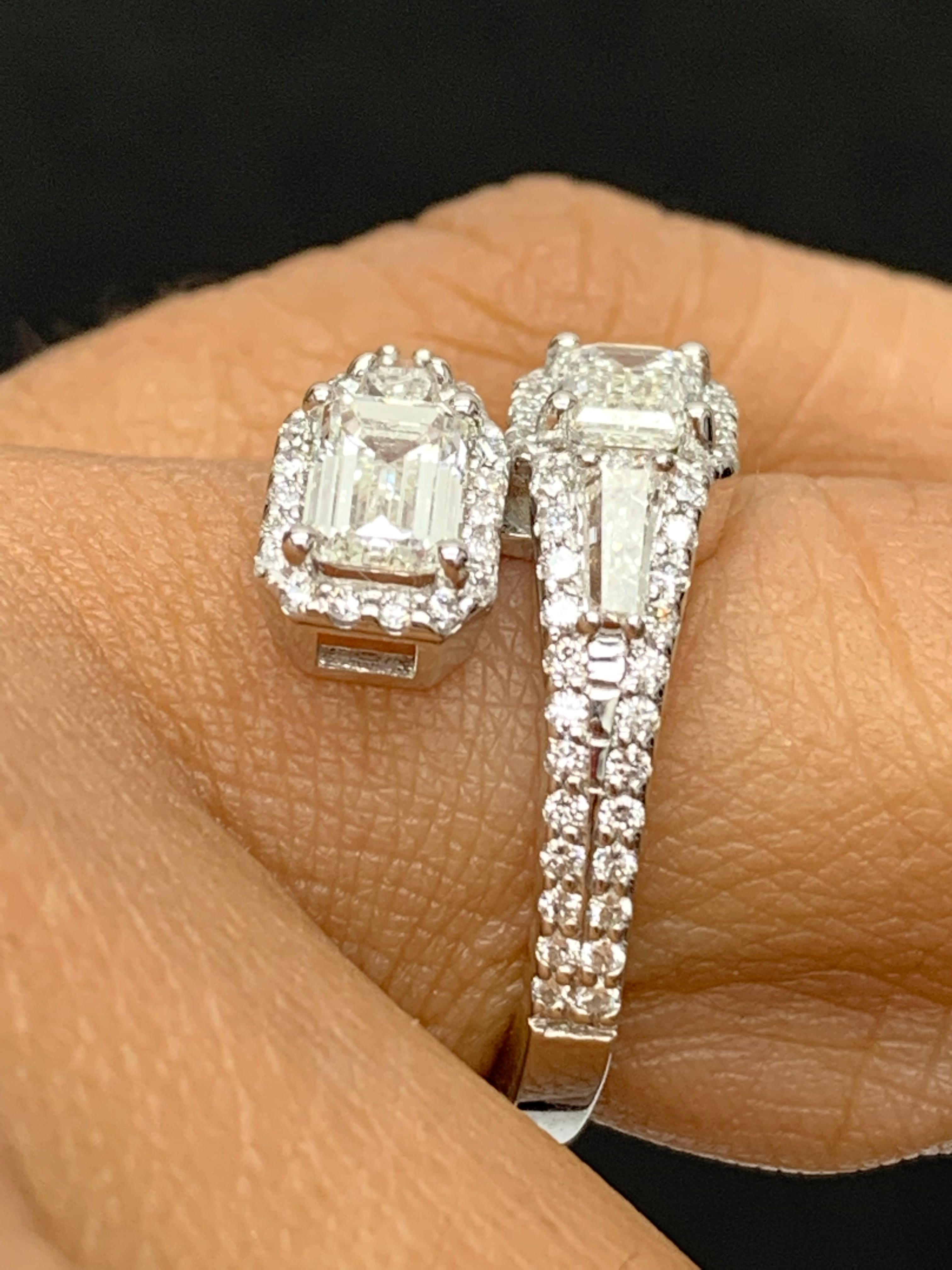1.20 Carat Emerald Cut Diamond Toi et Moi Ring 14K White Gold For Sale 4
