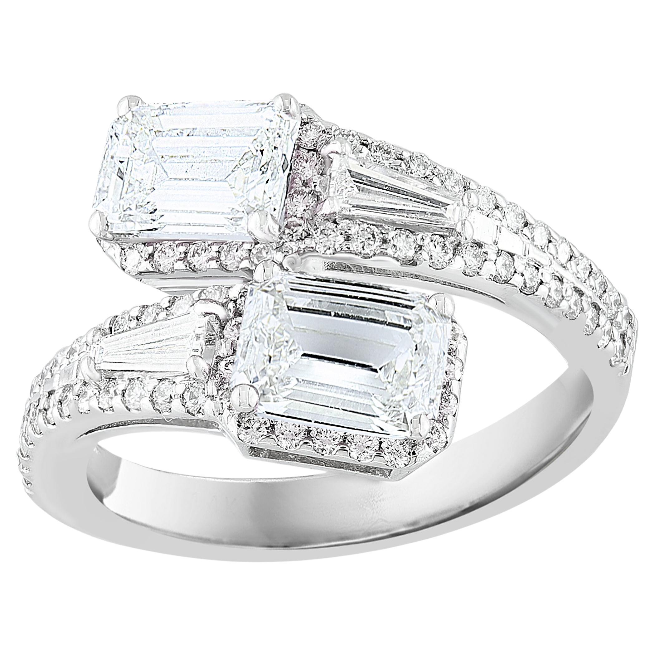 1.20 Carat Emerald Cut Diamond Toi et Moi Ring 14K White Gold