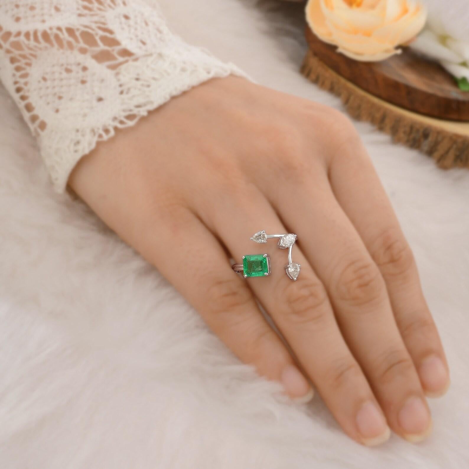 This ring has been meticulously crafted from 14-karat gold.  It is hand set with 1.20 carats emerald & .65 carats of sparkling diamonds. 

The ring is a size 7 and may be resized to larger or smaller upon request. 
FOLLOW  MEGHNA JEWELS storefront