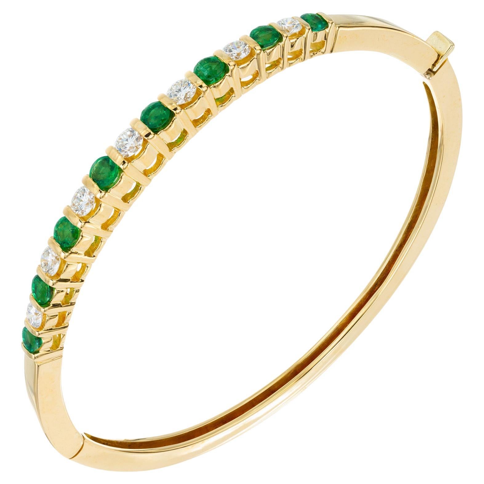 1.20 Carat Emerald Diamond Bar Set Yellow Gold Hinged Bangle Bracelet
