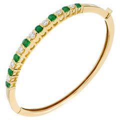 Vintage 1.20 Carat Emerald Diamond Bar Set Yellow Gold Hinged Bangle Bracelet 