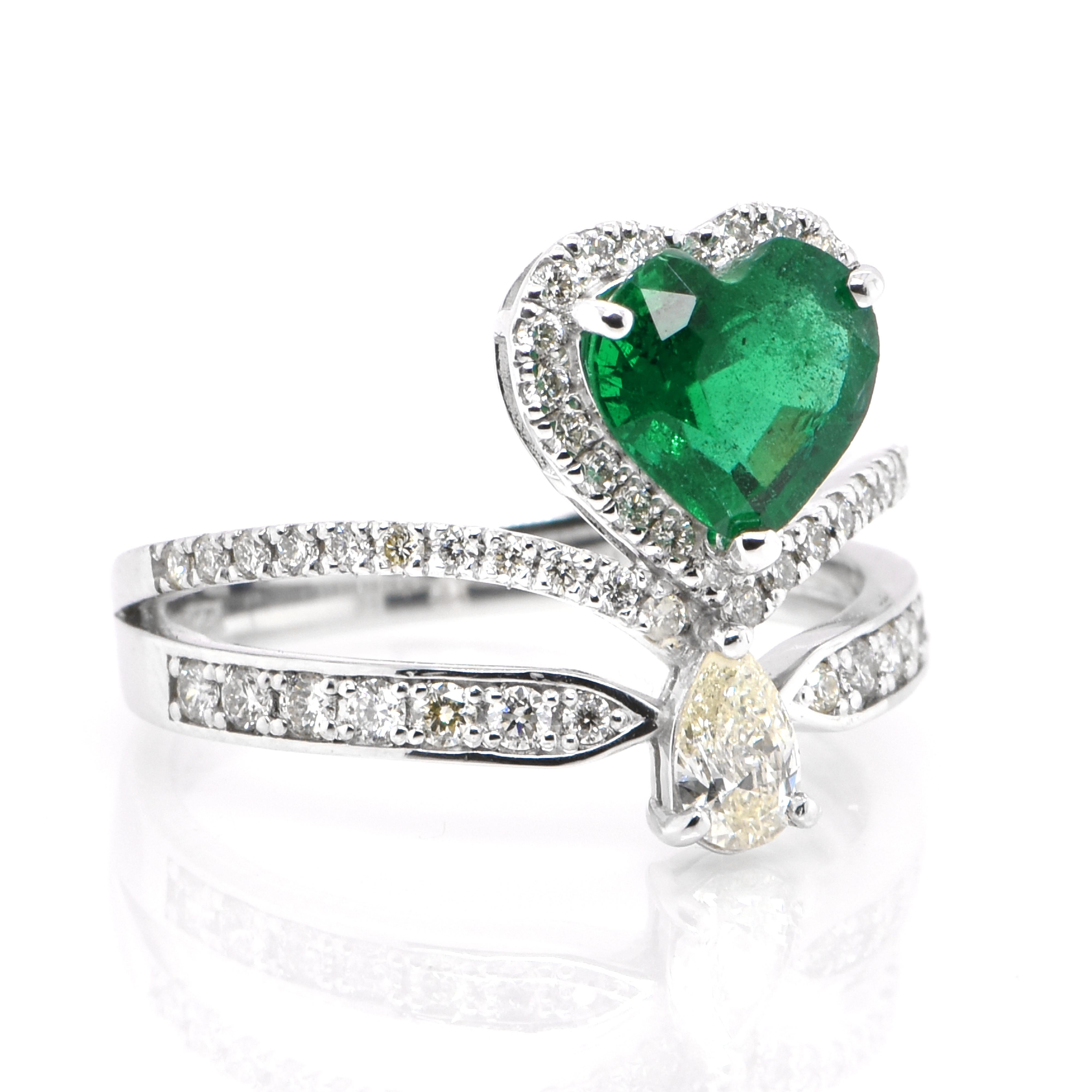 Modern 1.20 Carat Heart-Cut, Zambian Emerald and Diamond Crown Ring Set in Platinum For Sale