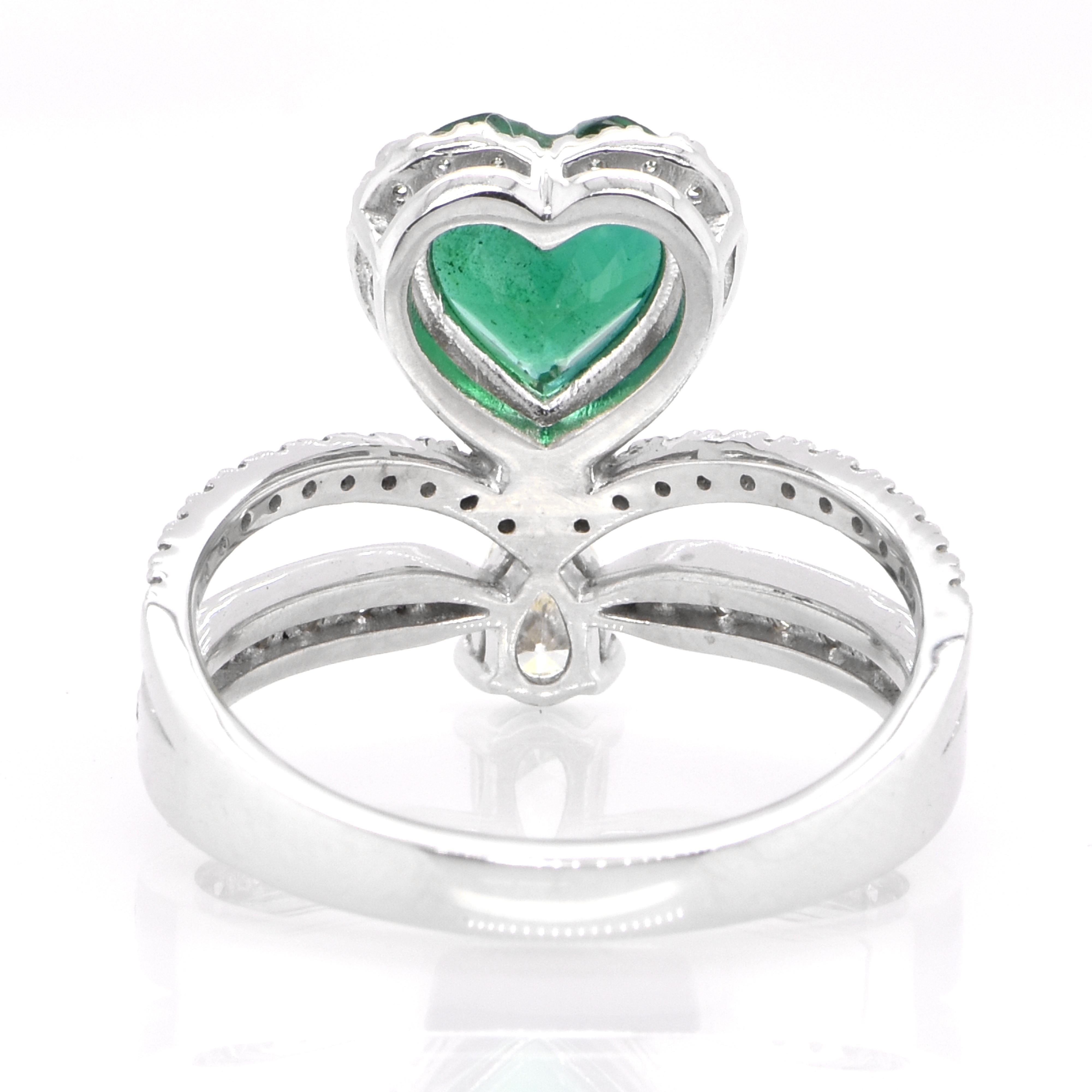 Women's 1.20 Carat Heart-Cut, Zambian Emerald and Diamond Crown Ring Set in Platinum For Sale