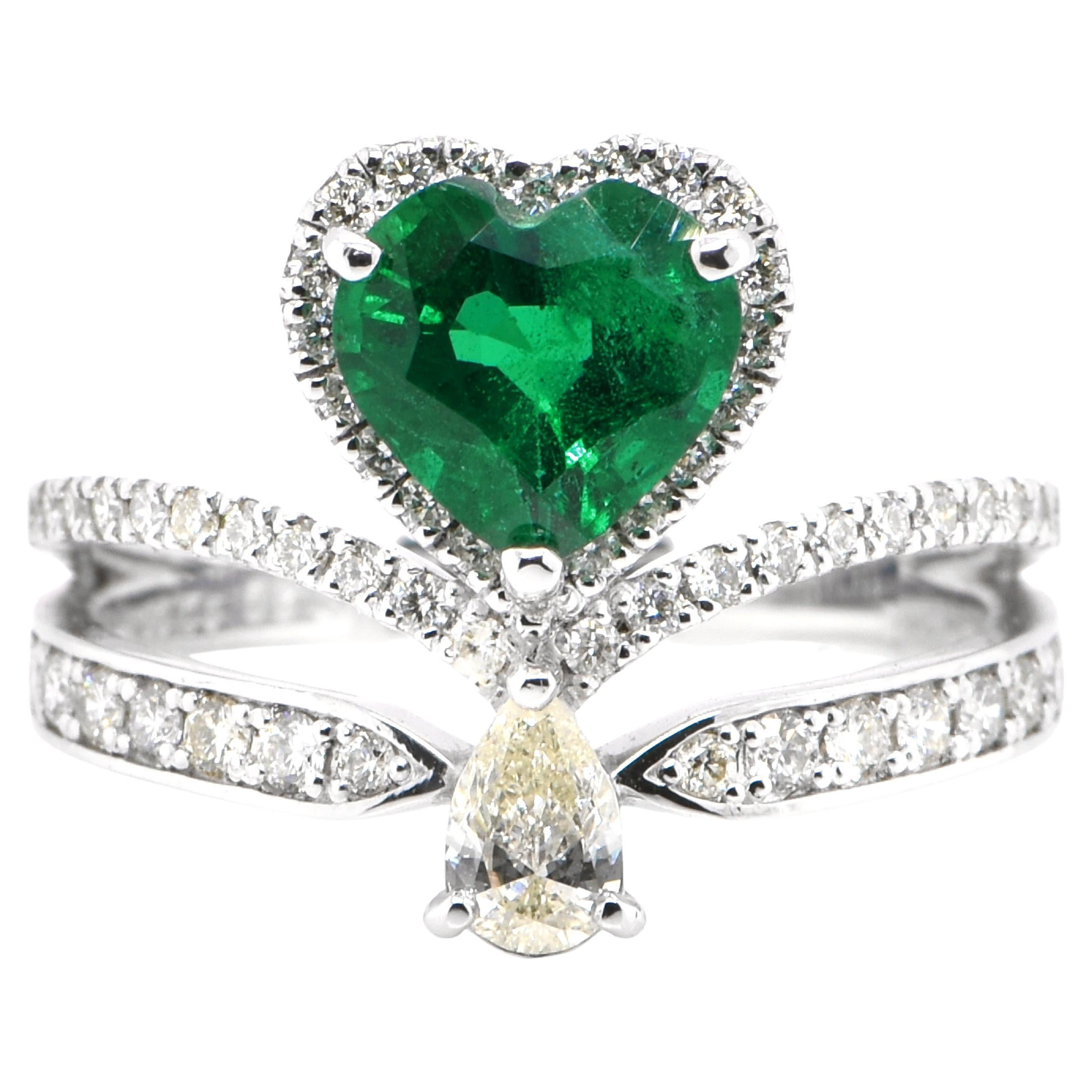 1.20 Carat Heart-Cut, Zambian Emerald and Diamond Crown Ring Set in Platinum For Sale