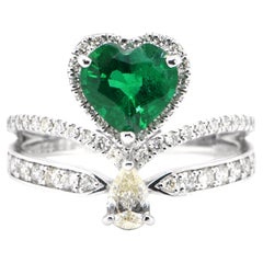 1.20 Carat Heart-Cut, Zambian Emerald and Diamond Crown Ring Set in Platinum