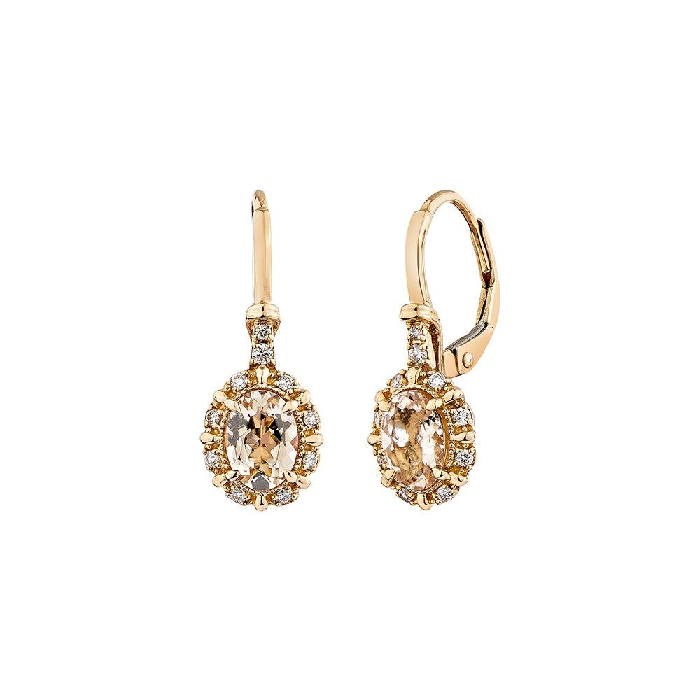 Oval Cut 1.20 Carat Morganite Lever Back Earring in 18Karat Rose Gold with White Diamond. For Sale