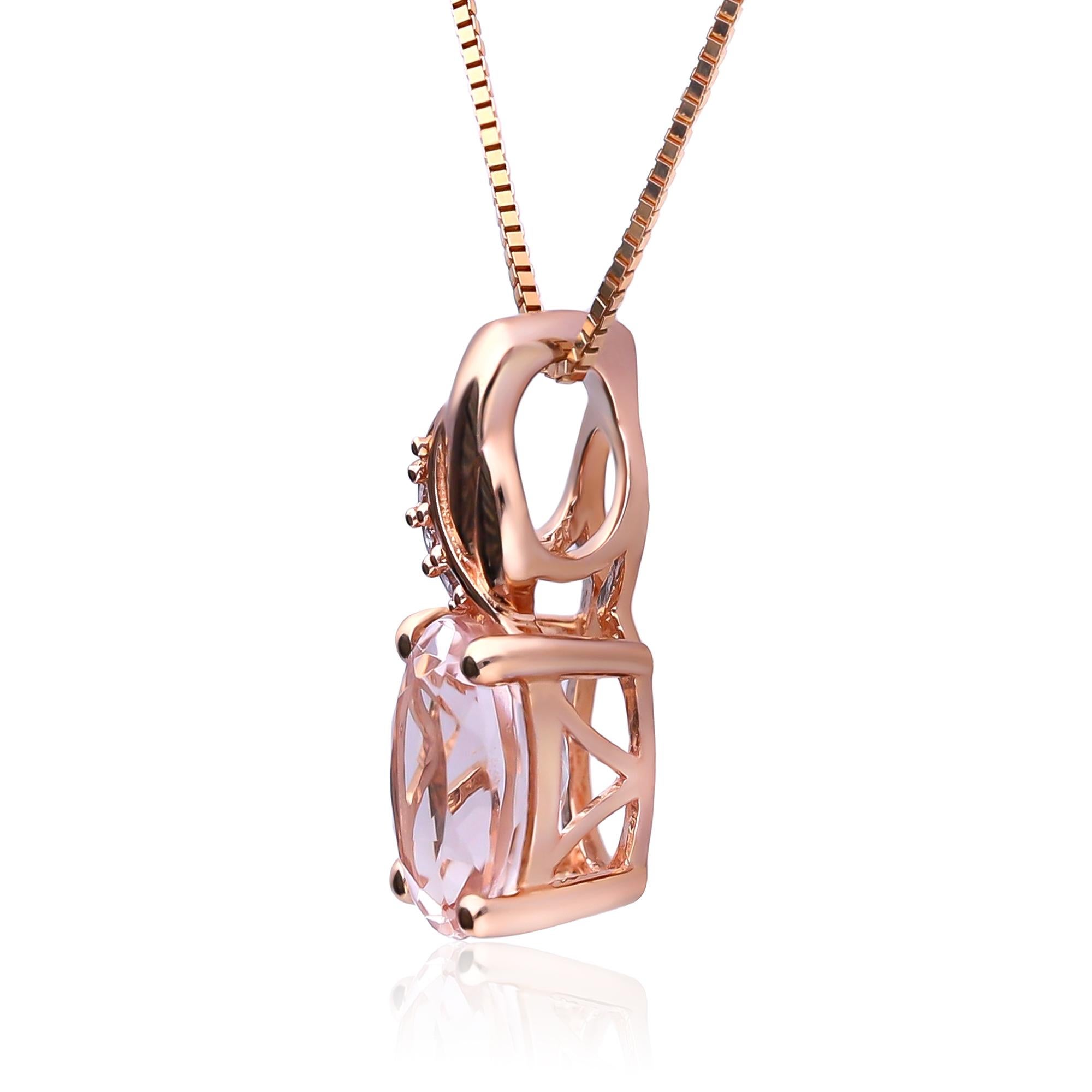 Decorate yourself in elegance with this Pendant is crafted from 10-karat Rose Gold by Gin & Grace Pendant. This Pendant is made up of 6X8 Oval-Cut Prong setting Genuine Morganite (1 Pcs) 1.20 Carat and Round-Cut Prong setting Natural White Diamond