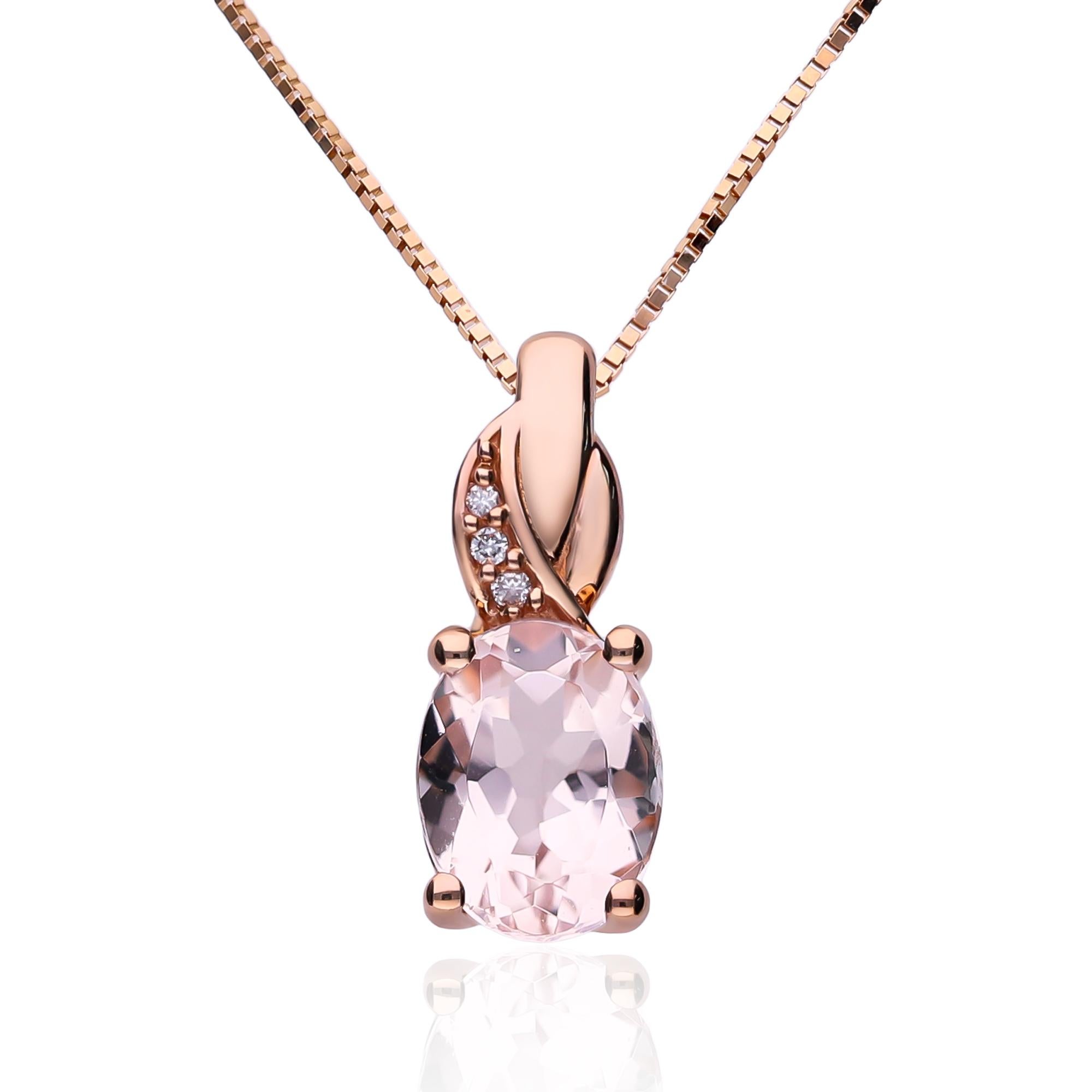 1.20 Carat Morganite Oval Cut Diamond accents 10K Rose Gold Pendant In New Condition In New York, NY