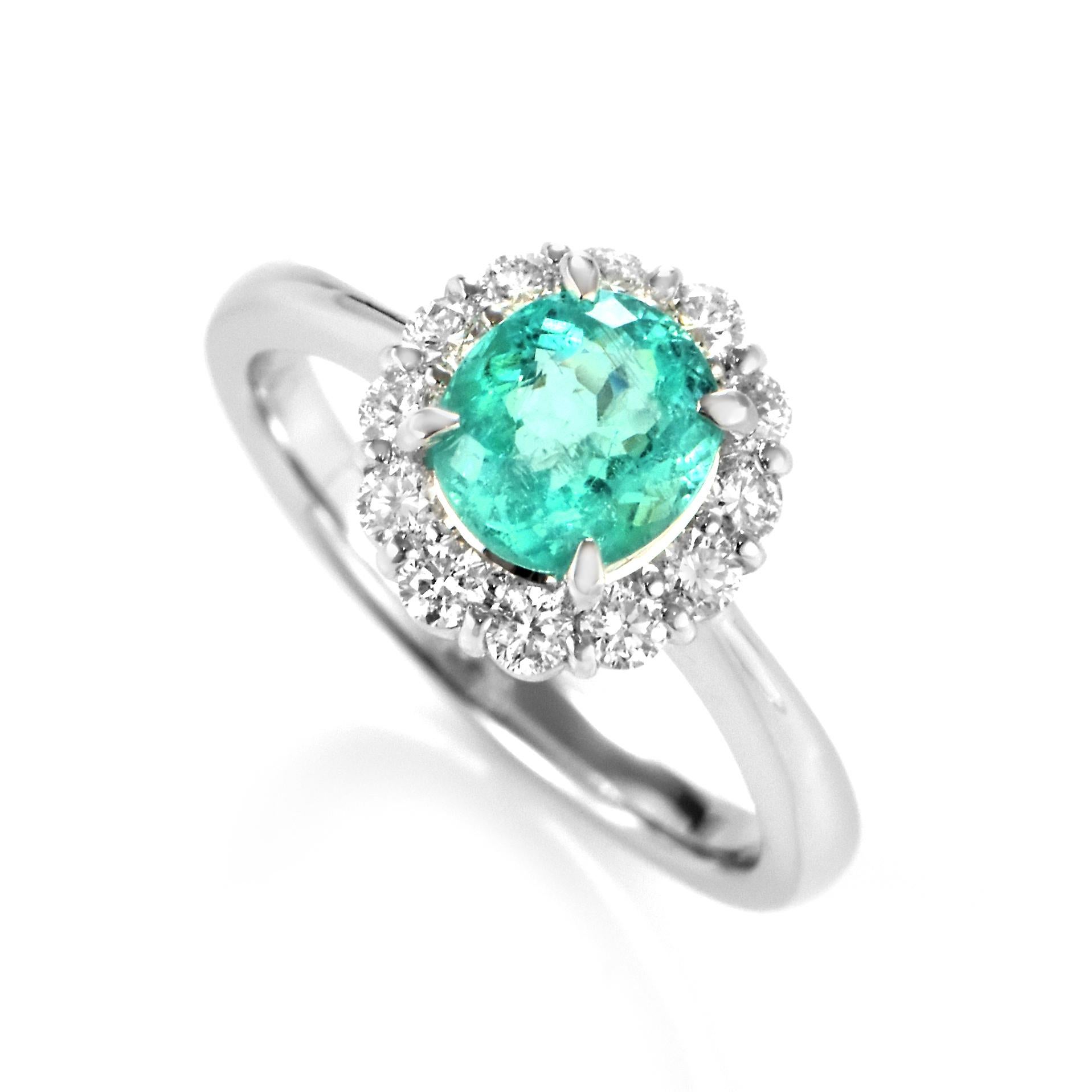 A beautiful ring featuring a 1.20 Carat Natural Paraiba Tourmaline and 0.41 Carats of Diamond Accents made in Platinum. Paraiba Tourmalines were only discovered 30 years ago in the Brazilian state of the same name- Paraiba. Since then they have