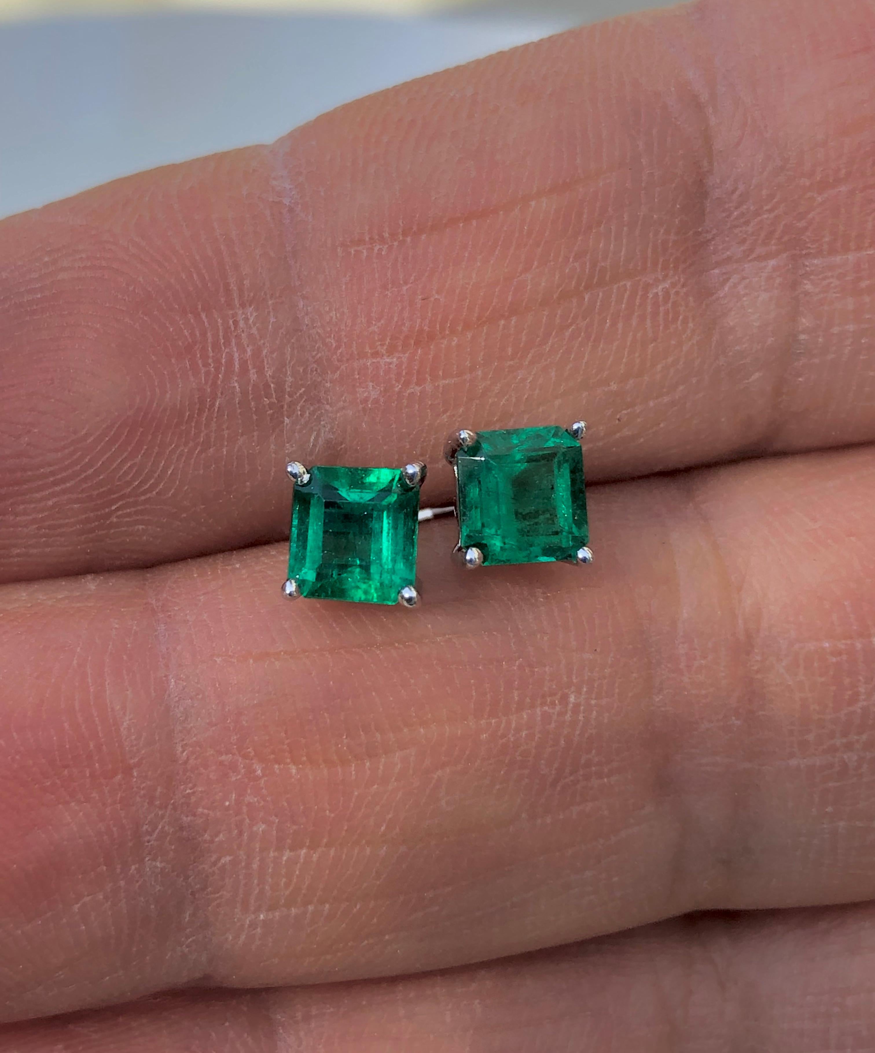 Emerald Cut 1.20 Carat Natural AAA Colombian Emerald Stud Earrings 18 Karat White Gold