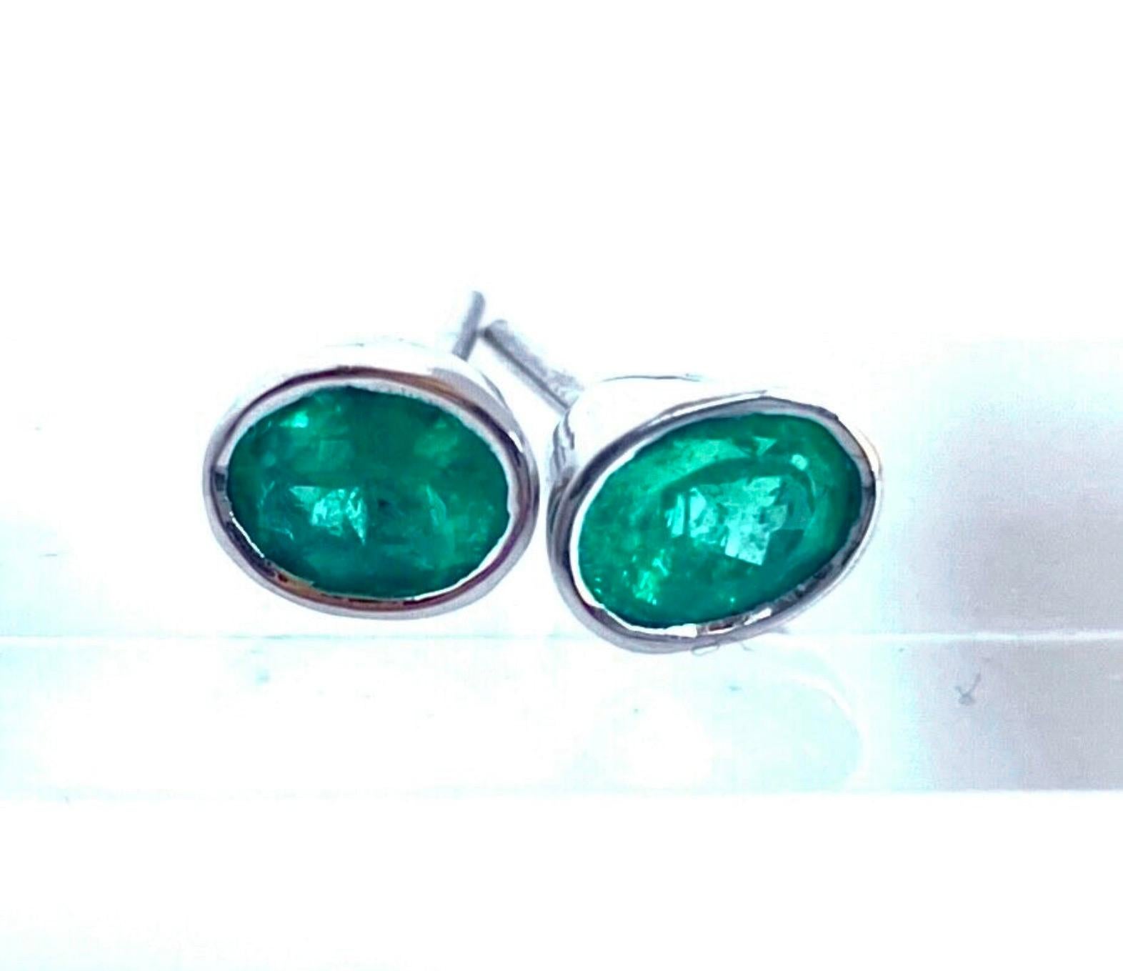 Oval Cut 1.20 Carat Natural Colombian Emerald Oval Stud Earrings 18K White Gold