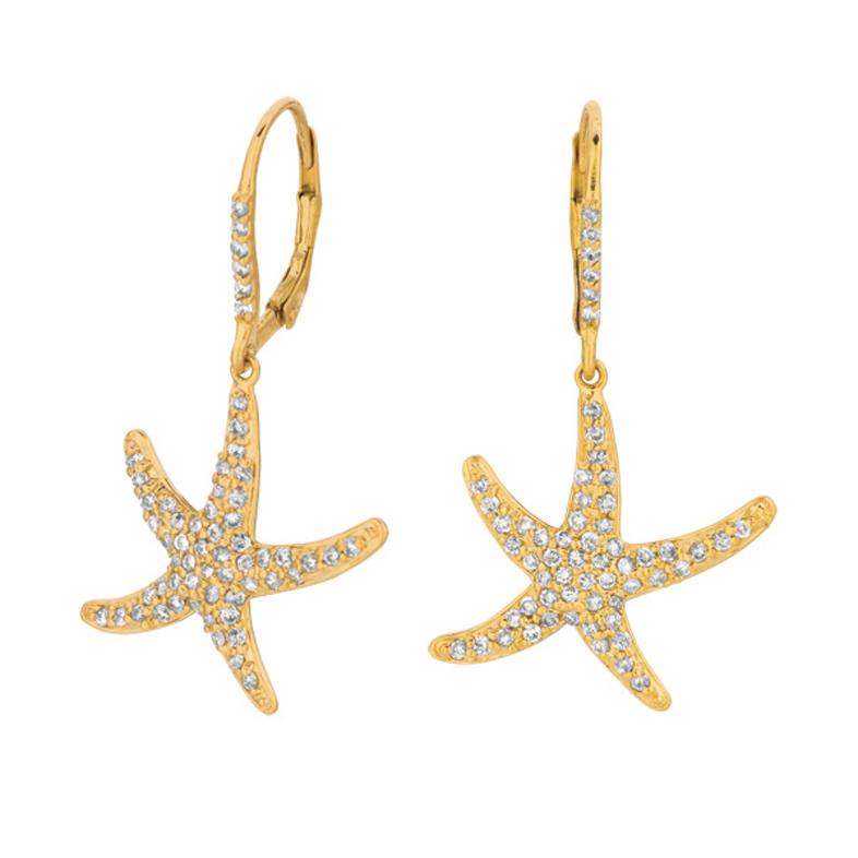 Round Cut 1.20 Carat Natural Diamond Starfish Earrings GSI 14 Karat Yellow Gold For Sale