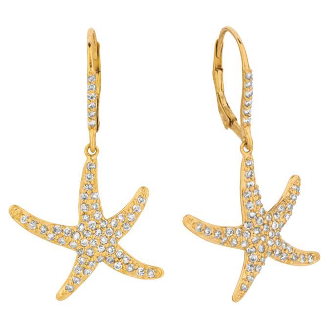 1.20 Carat Natural Diamond Starfish Earrings GSI 14 Karat Yellow Gold For Sale
